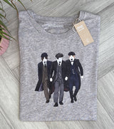 Grey T-shirt with an image printed on the front of 3 English Bull Terrier Dogs dressed as characters from The Peaky Blinders Series
