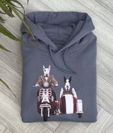 Blue Hoodie printed with an images of 2 English Bull Terrier Dogs riding a scooter and sitting in a side car