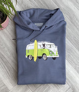 Blue hoodie with an image of an English Bull Terrier Dog sitting in a camper van with a surf board