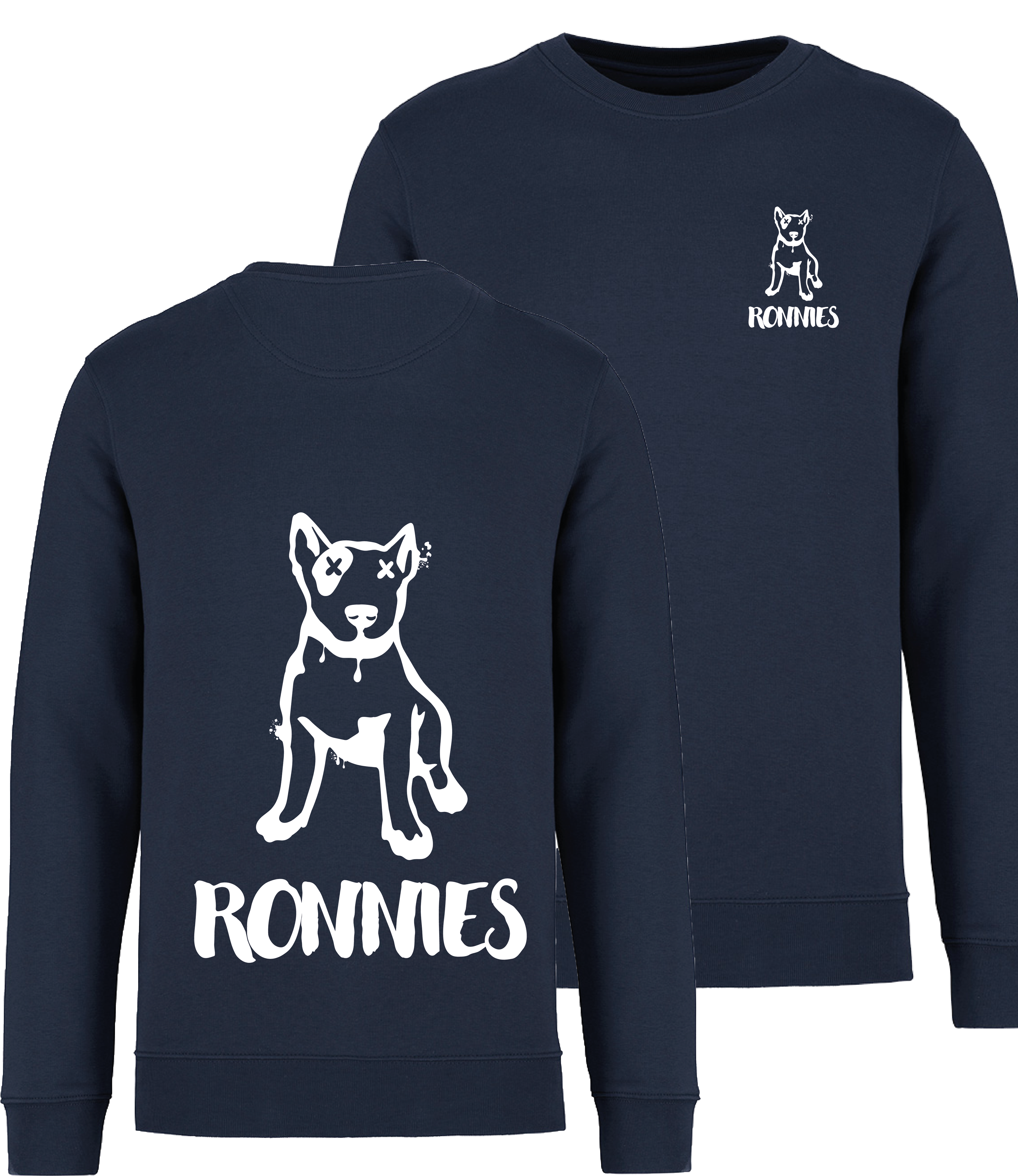 Ronnies Casuals Navy Sweatshirt printed with a small English bull terrier dog drawing with Ronnies written underneath and the same image on the back much bigger