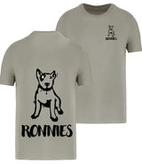 Almond Green T-Shirt with a design of an English Bull Terrier Dog on the front and on the back