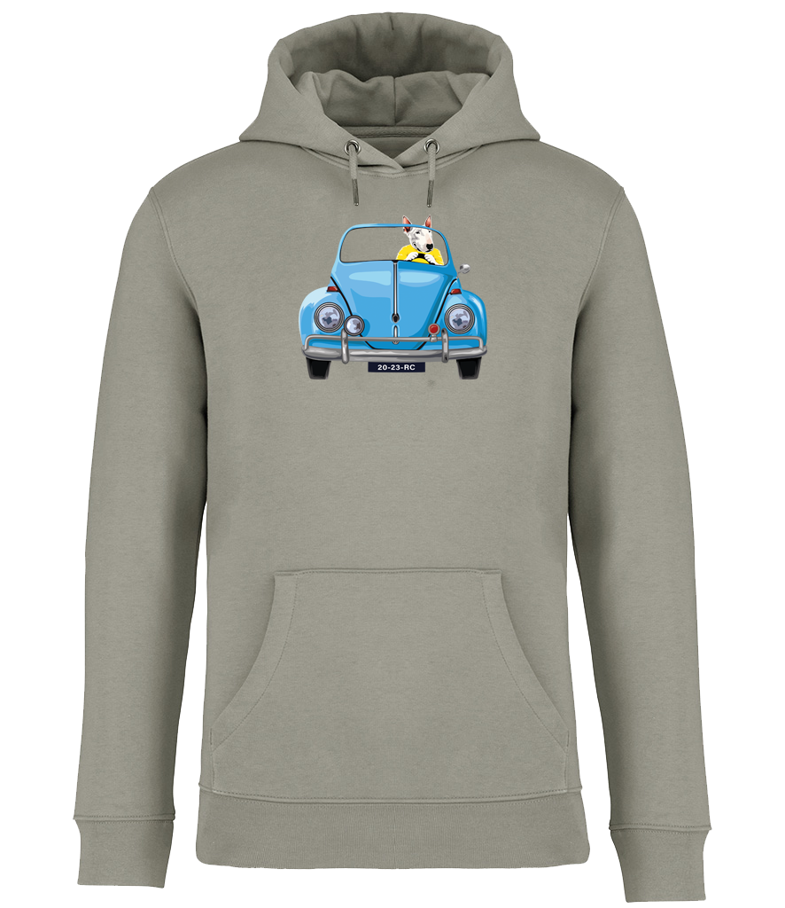 Olive Green Hoodie printed with an English Bull Terrier Dog wearing a yellow top driving a Blue Beetle Car