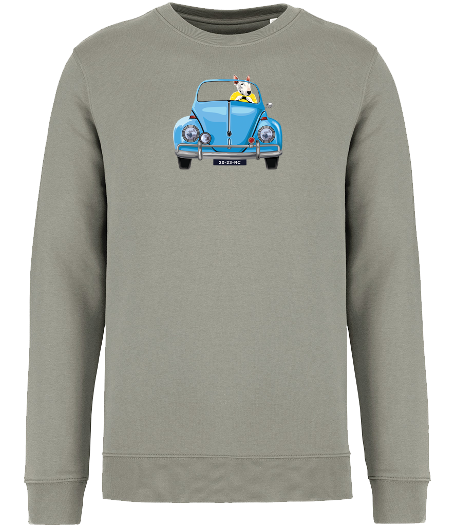 Olive Green Sweatshirt printed with an English Bull Terrier Dog wearing a yellow top driving a Blue Beetle Car