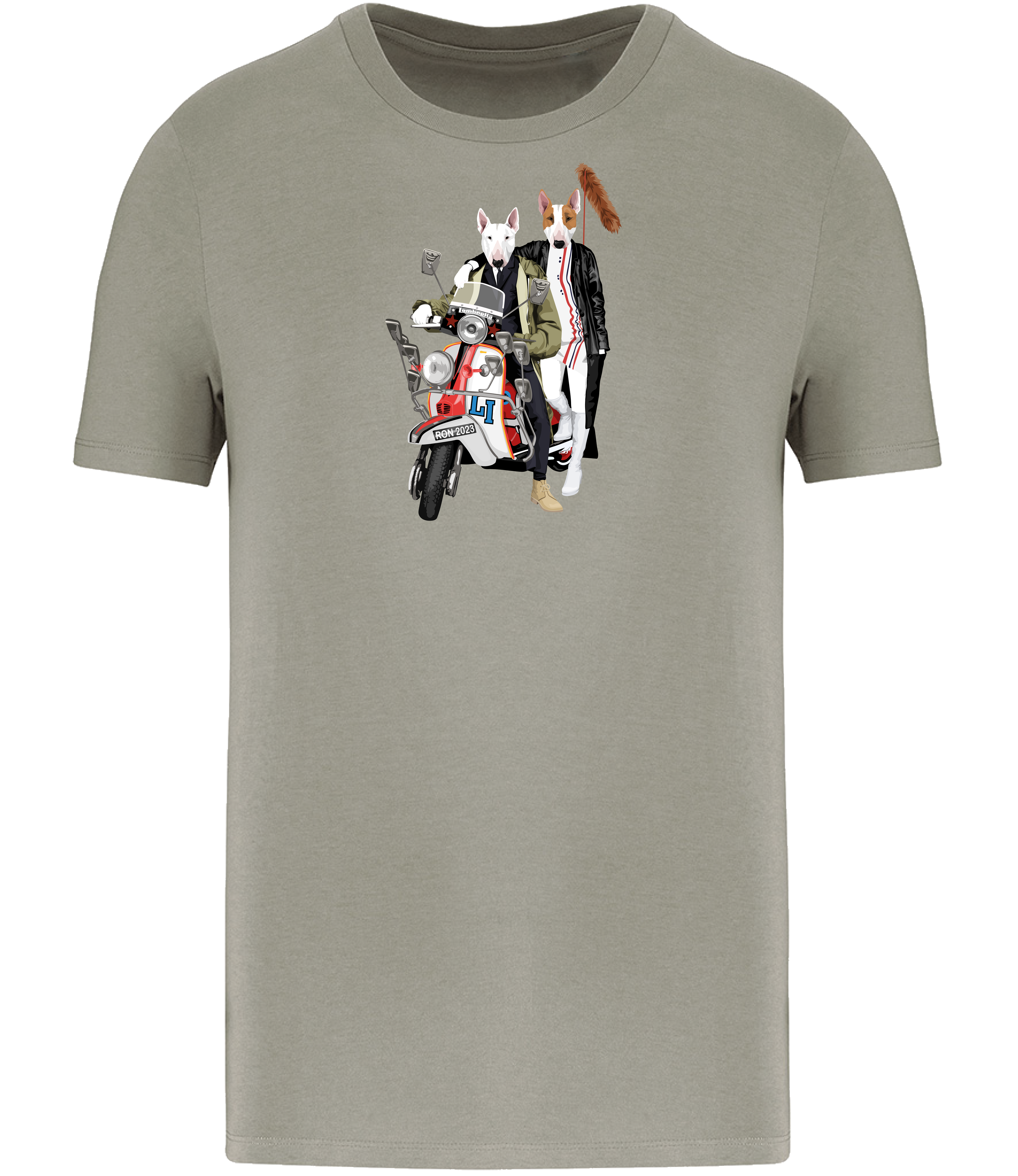 Almond Green T-shirt printed with a Boy and Girl English Bull Terrier Dogs Sitting on a classic Scooter with a foxtail on the back