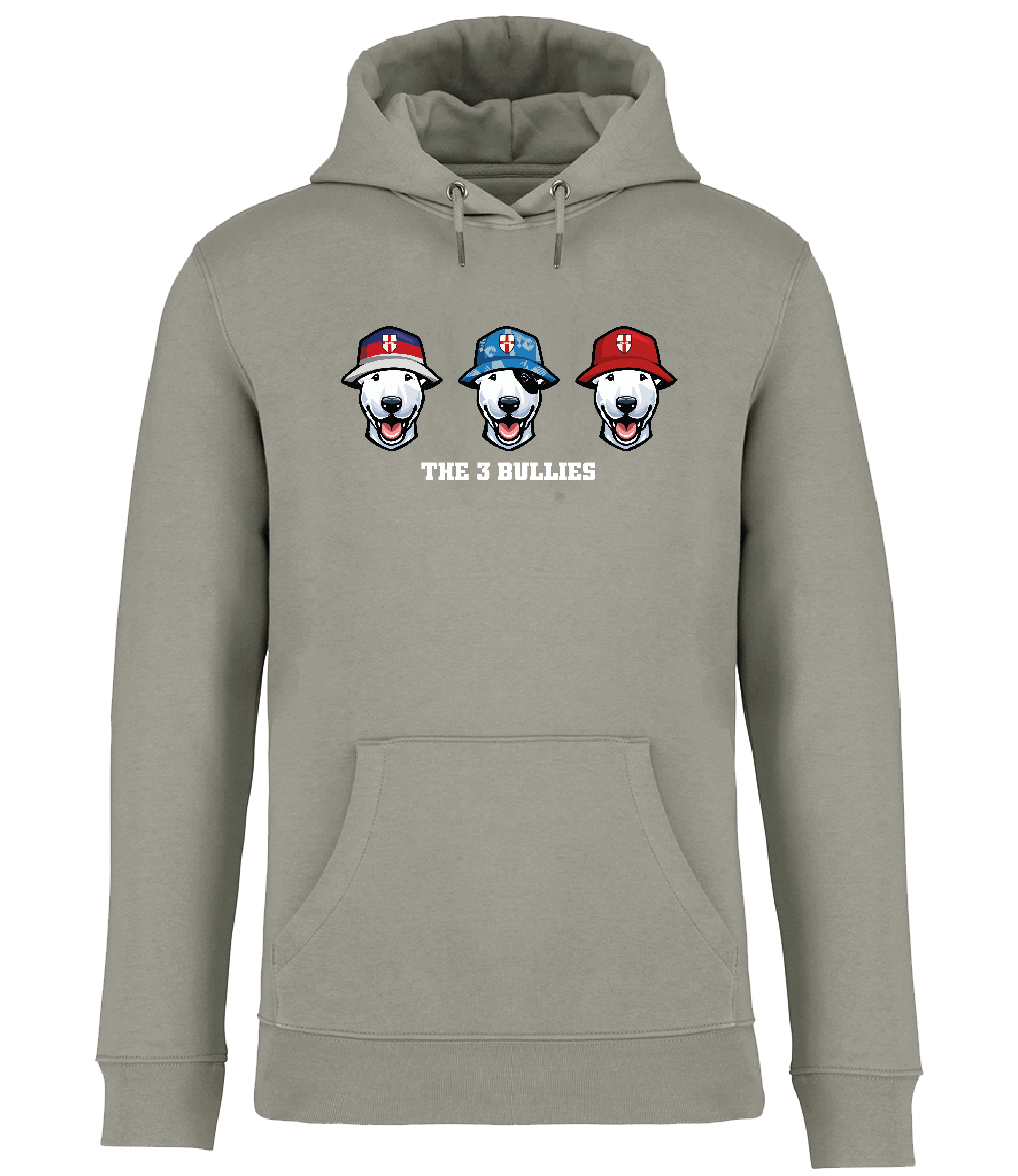 Almond Green Hoodie printed by Ronnies Casuals with 3 English Bull Terrier Heads wearing Bucket hats decorated with St Georges flags and The 3 Bullies written underneath