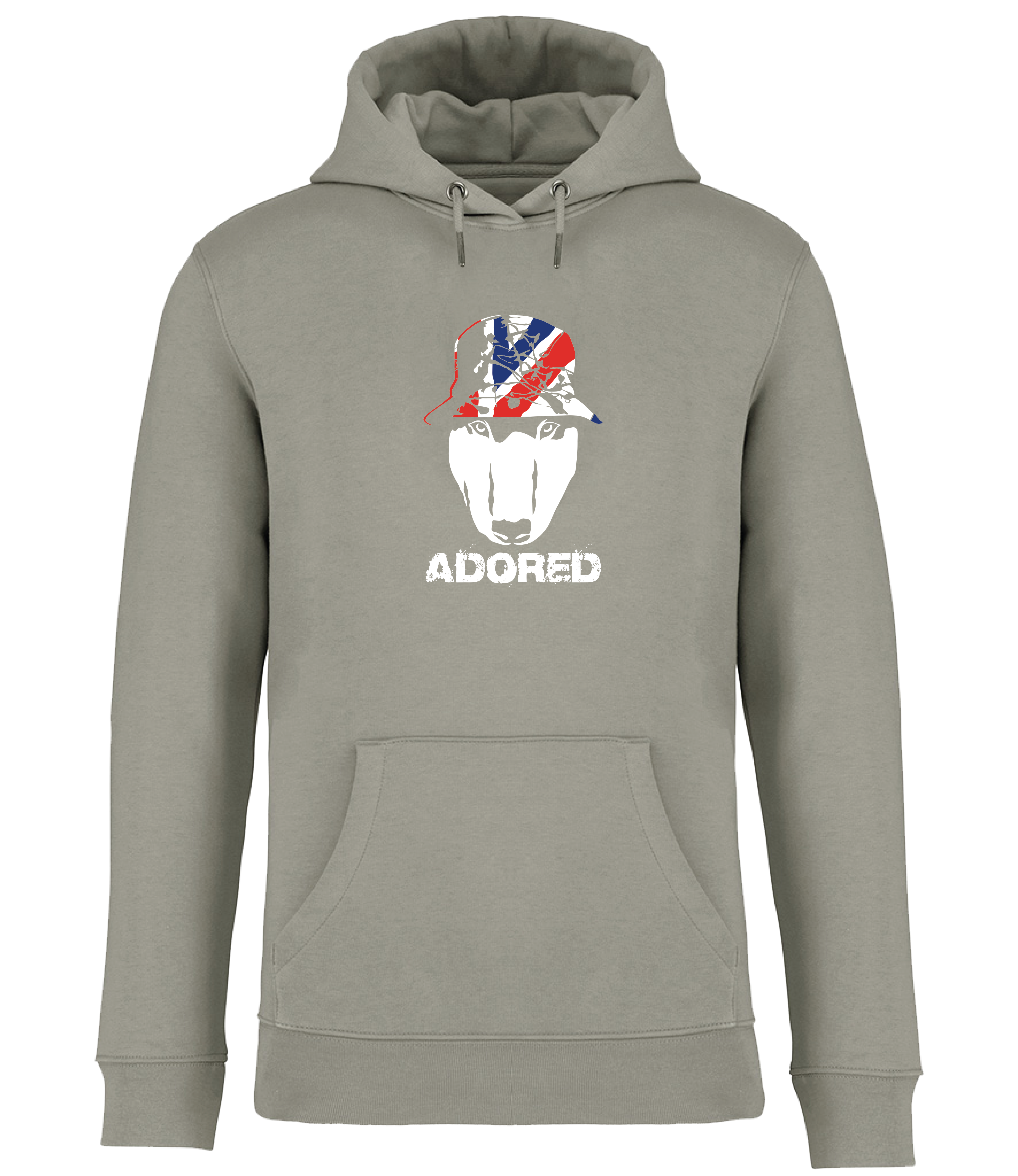 Almond Green Hoodie printed by Ronnies Casuals with English Bull Terrier head wearing a union jack bucket hat and the words adored underneath