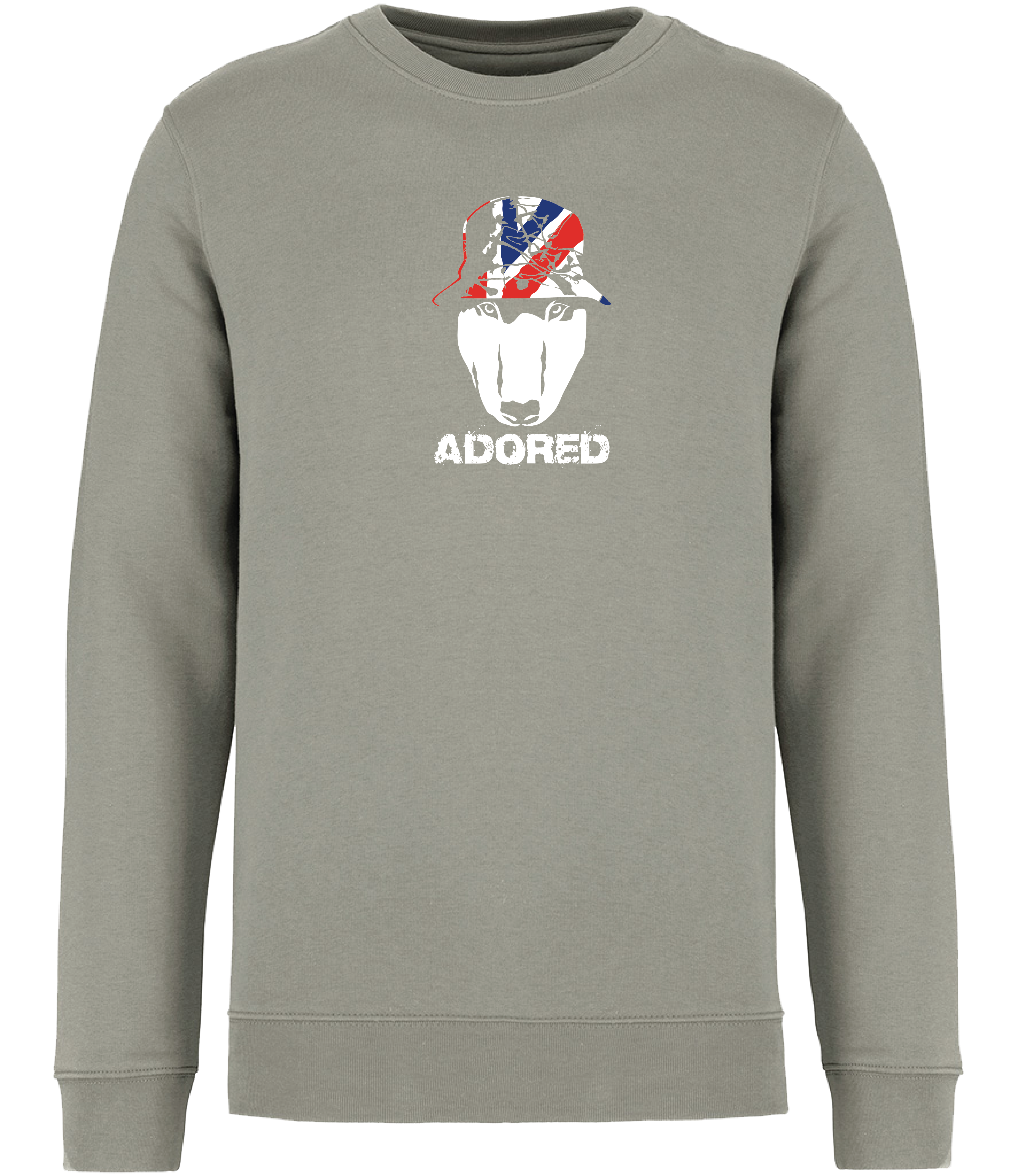 Almond Green Sweatshirt printed with English Bull Terrier head wearing a union jack bucket hat and the words adored underneath. Stone Roses inspired sweatshirt from Ronnies Casuals.
