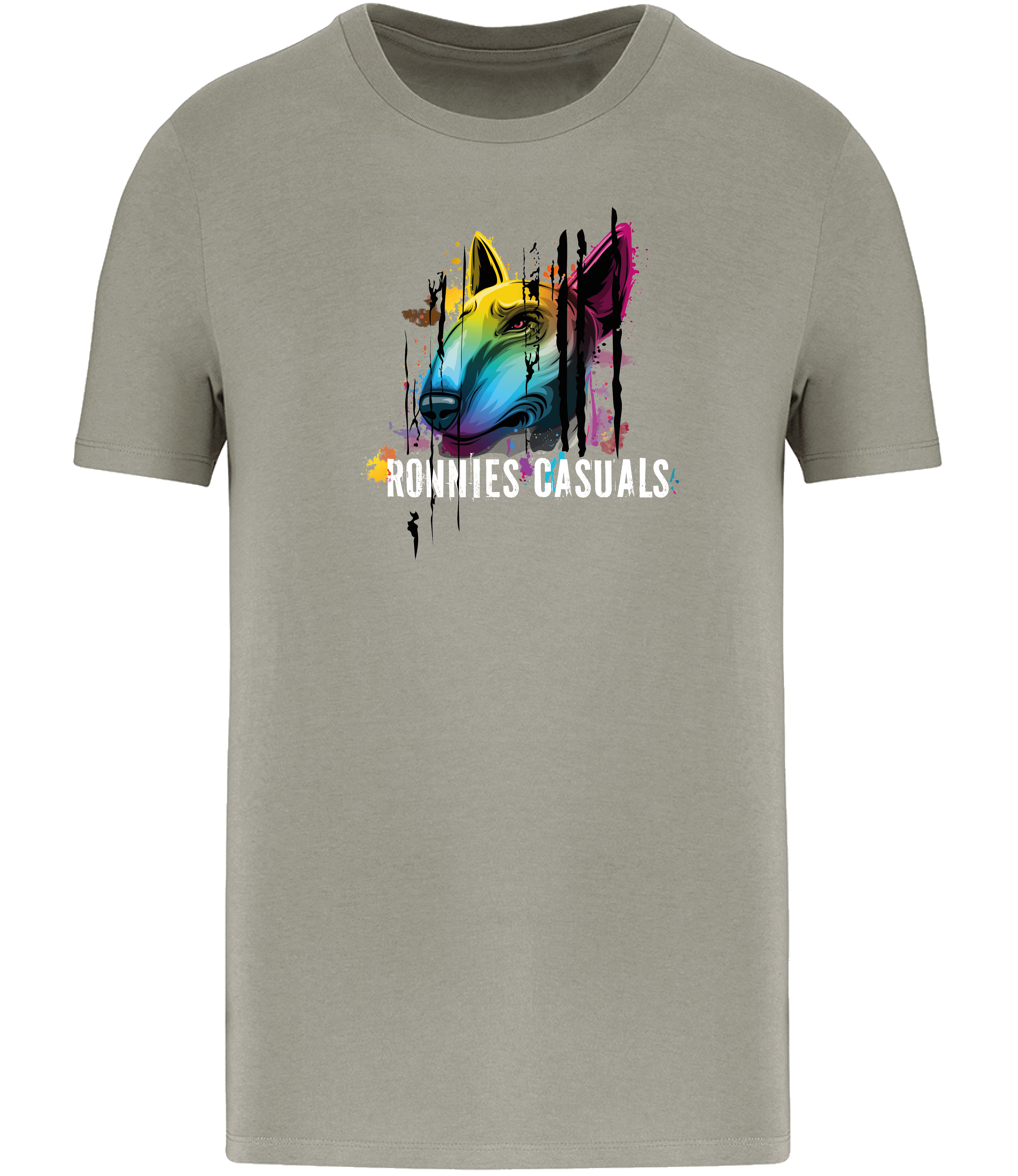 Ronnies Casuals Almond Green T-shirt printed with Colourful English Bull Terrier Dog head and words saying Ronnies Casuals underneath. Available in S, M, L, XL, 2XL, 3XL.