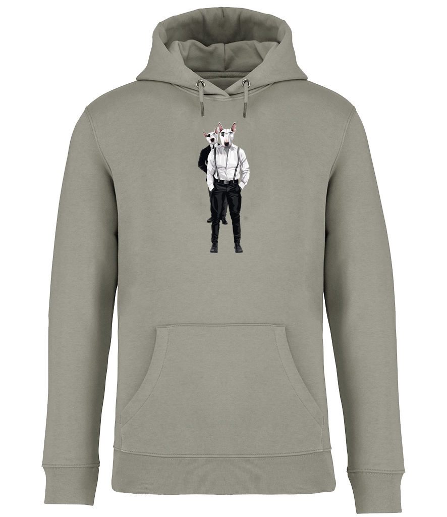 Almond Green Hoodie printed with 2 English Bull Terriers wearing suits and braces. One wearing glasses and the other one is looking over his shoulder.