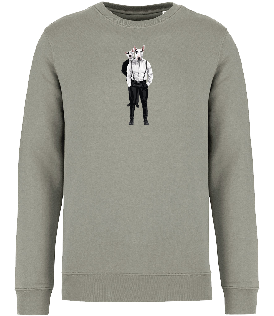 Almond Green Sweatshirt printed with 2 English Bull Terriers wearing suits and braces. One wearing glasses and the other one is looking over his shoulder.