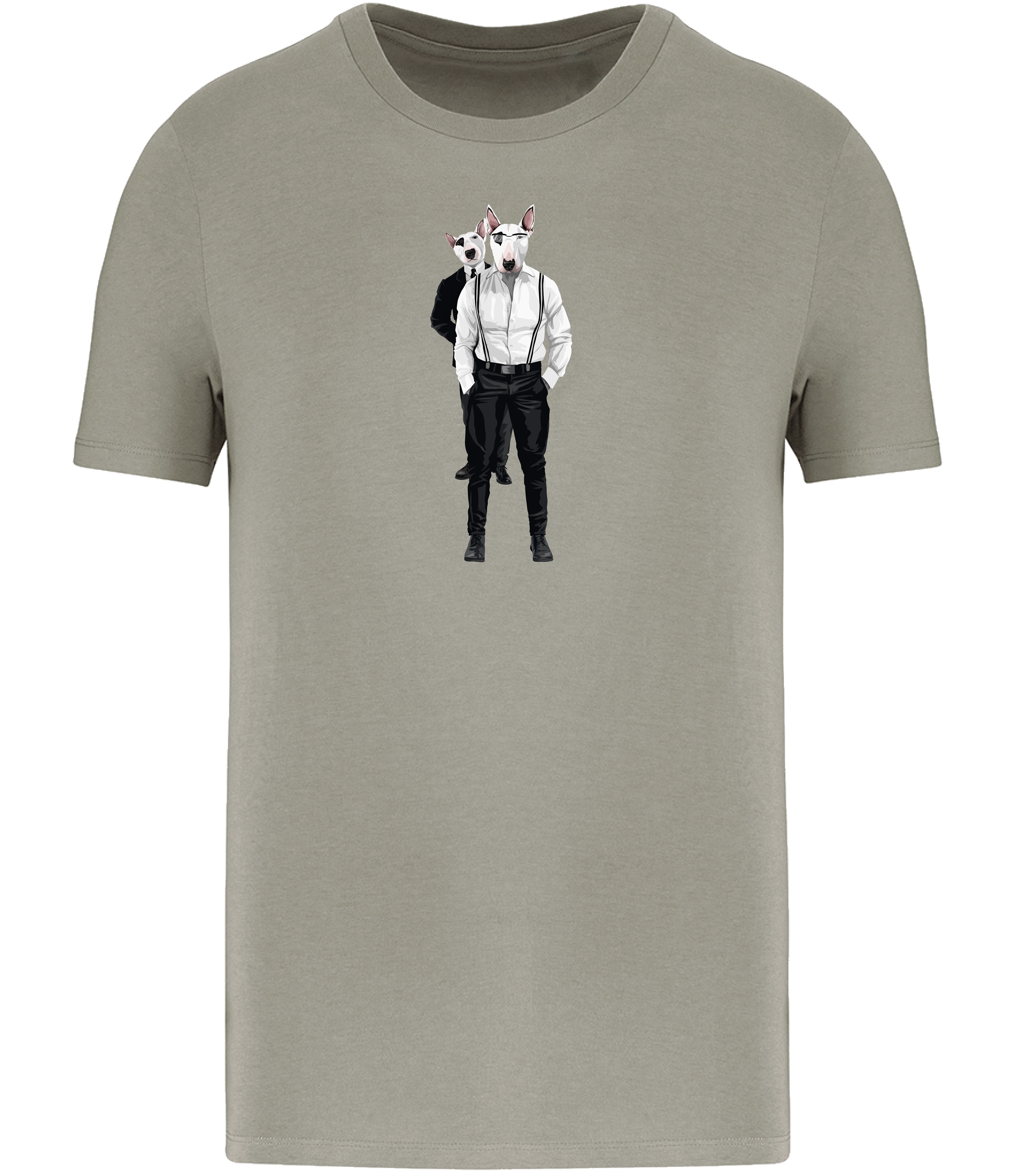 Almond Green T-shirt printed with 2 English Bull Terriers wearing suits and braces. One wearing glasses and the other one is looking over his shoulder.