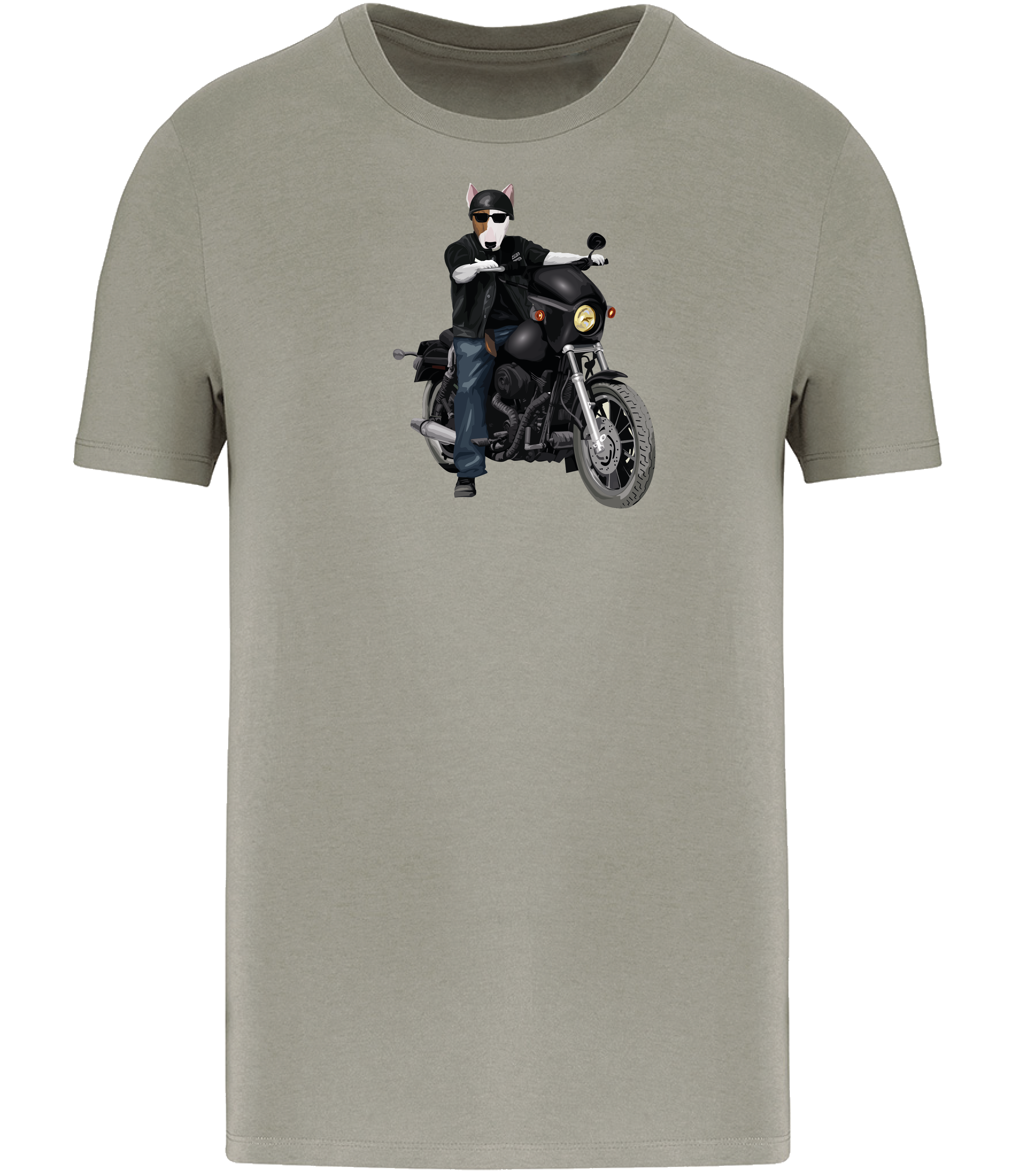 Almond Green T-shirt printed with an English Bull Terrier Dog riding a motorbike wearing a helmet