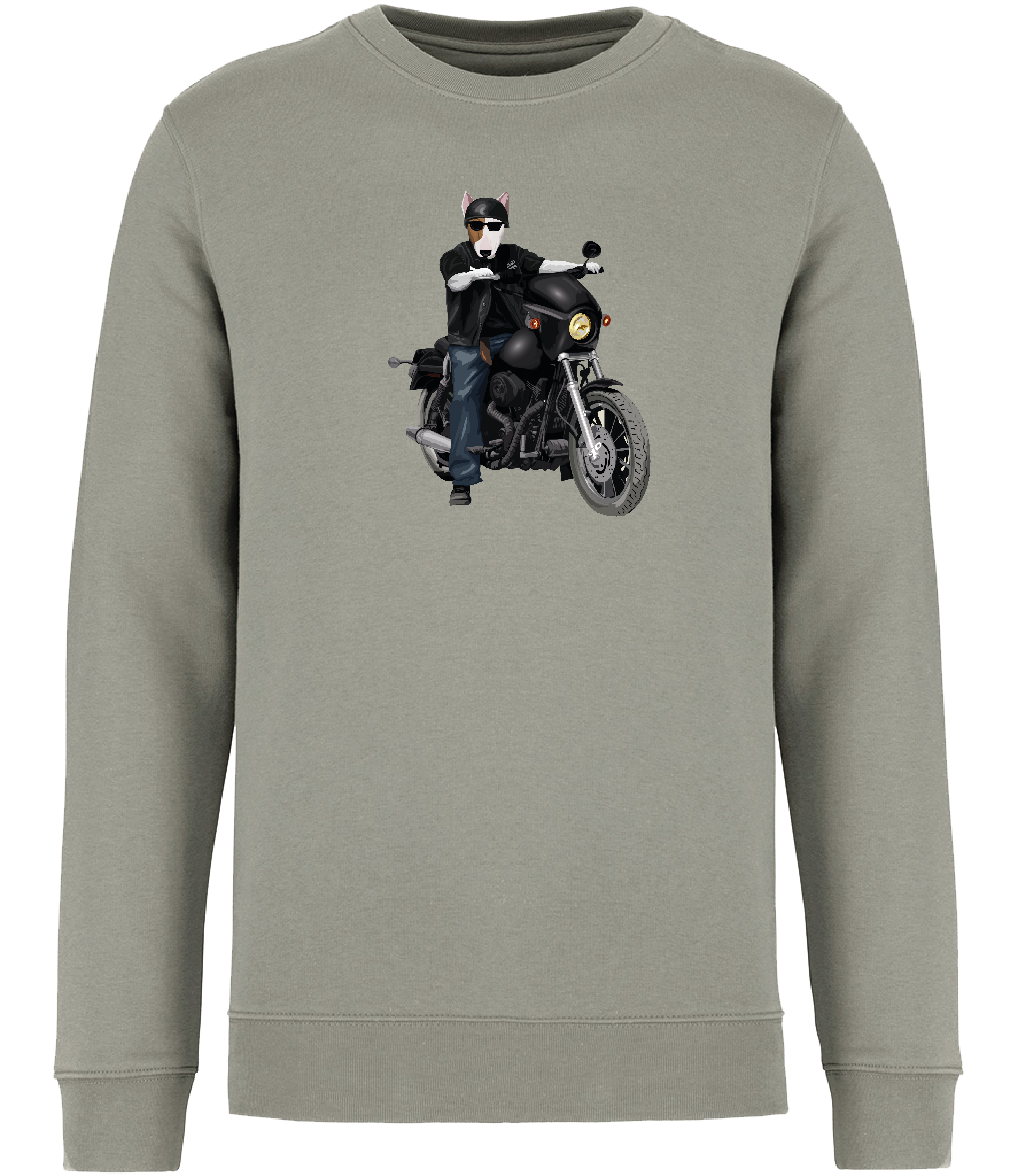 Olive Green Sweatshirt printed with an English Bull Terrier Dog riding a motorbike wearing a helmet
