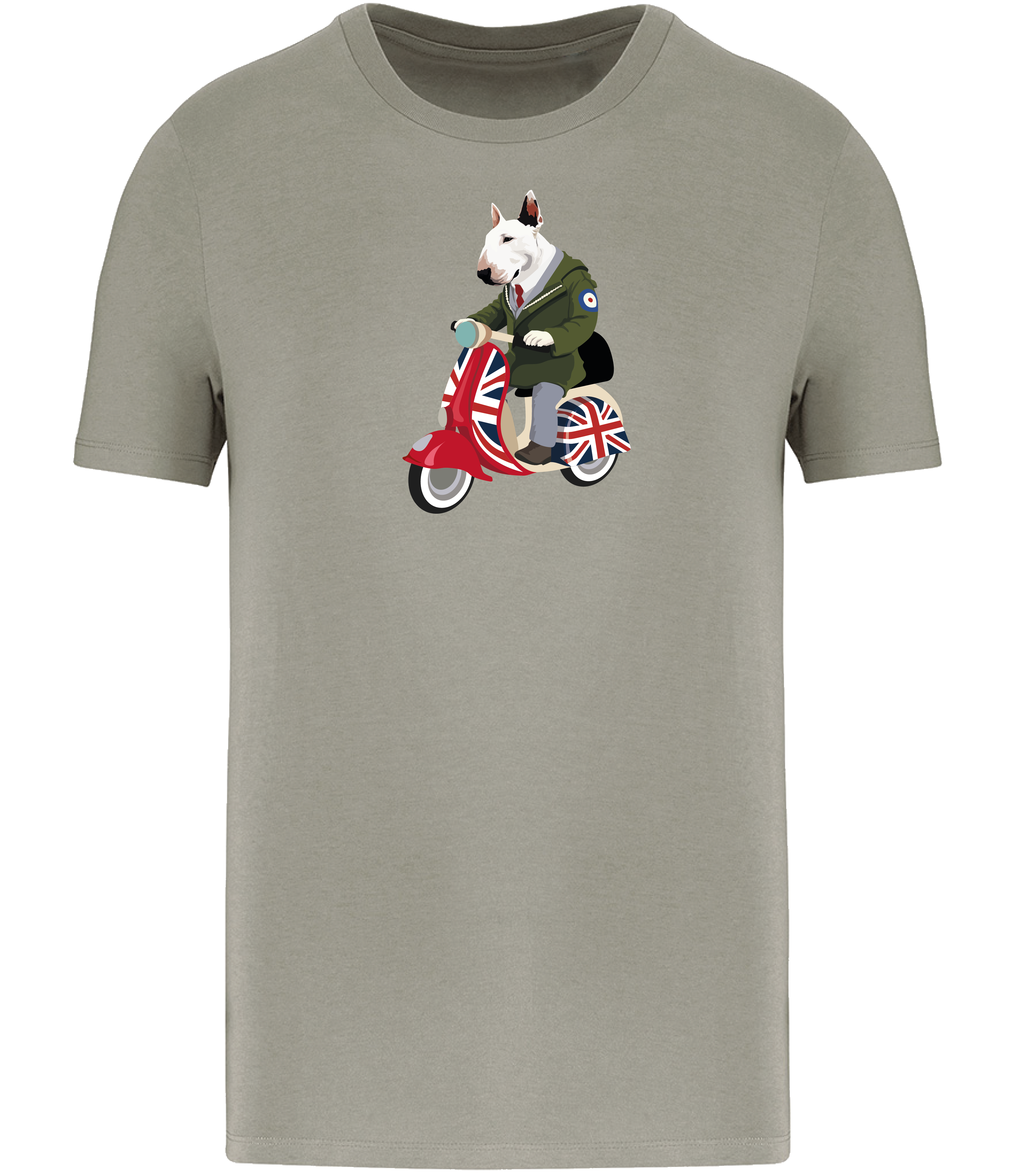 Almond Green T-shirt printed with and English Bull Terrier Dog wearing a parka coat riding a scooter painted in Union Jack colours