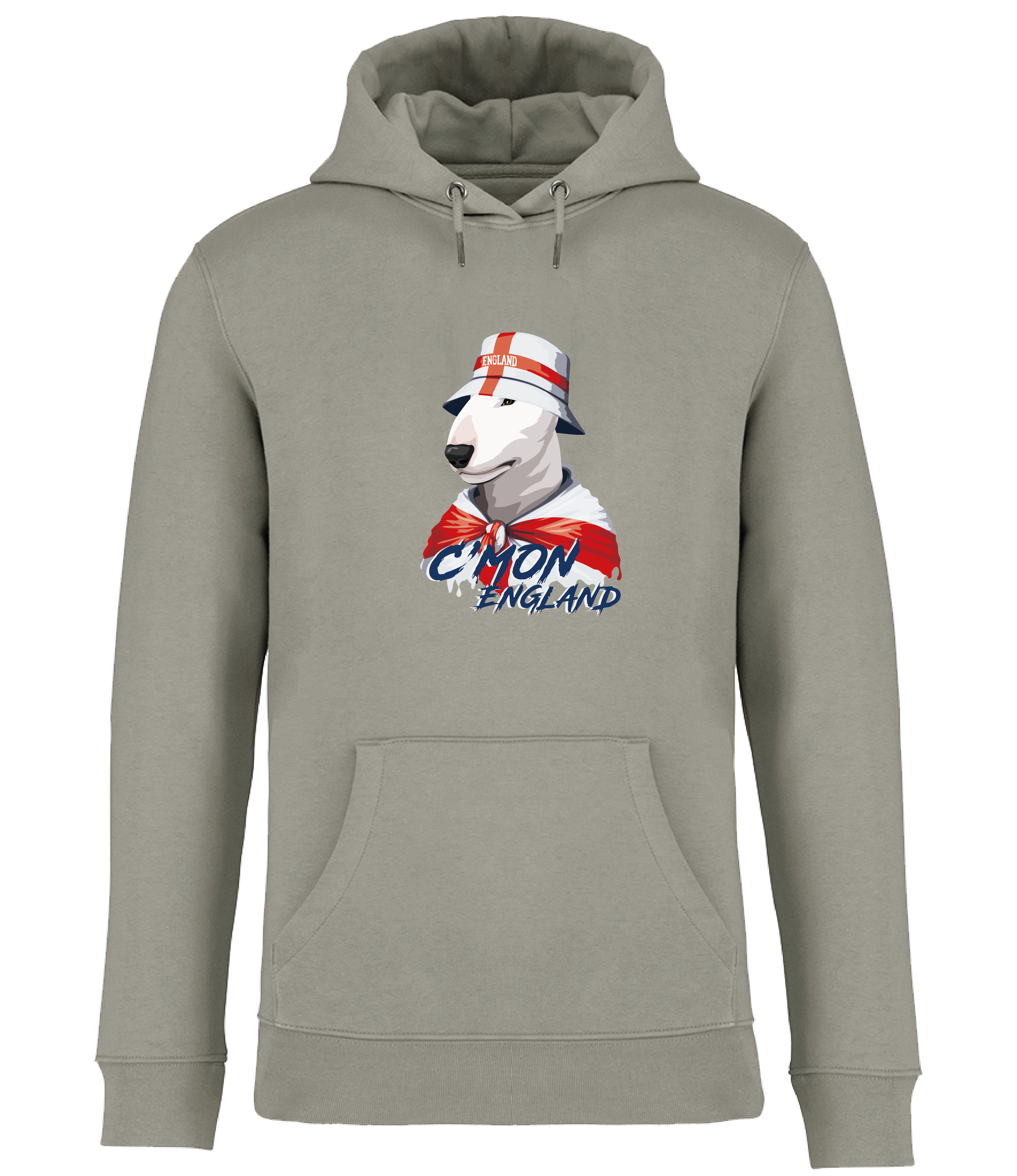 Dog hoodies for humans by Ronnies Casuals: Almond Green Hoodie printed with English Bull Terrier Dog wearing a St Georges flag hat and scarf.  The words C'mon England printed underneath