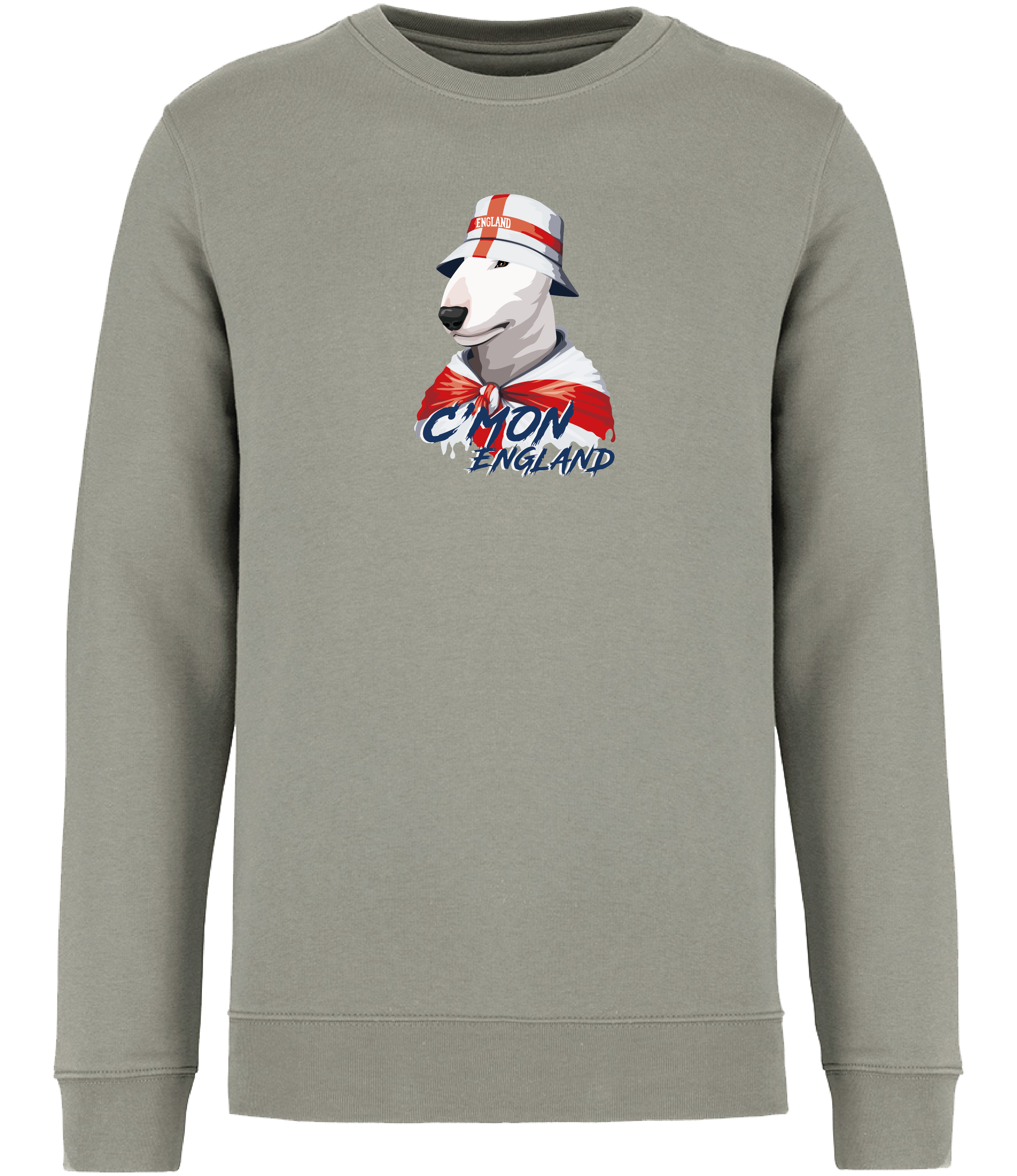 Ronnies Casuals Almond Green Sweatshirt printed with English Bull Terrier Dog wearing a St Georges flag hat and scarf.  The words C'mon England printed underneath
