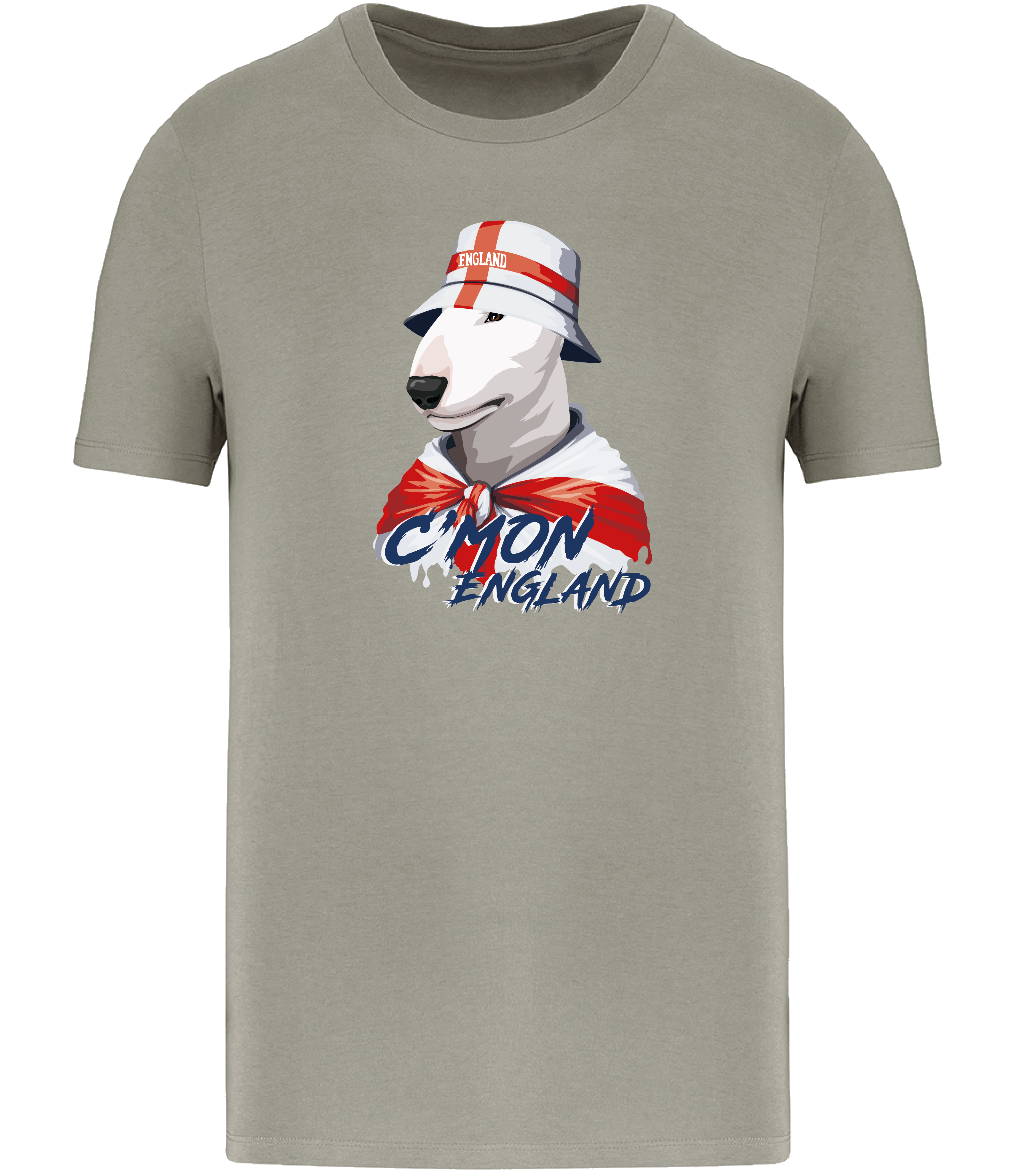 Almond Green T-shirt printed by Ronnies Casuals with English Bull Terrier Dog wearing a St Georges flag hat and scarf.  The words C'mon England printed underneath