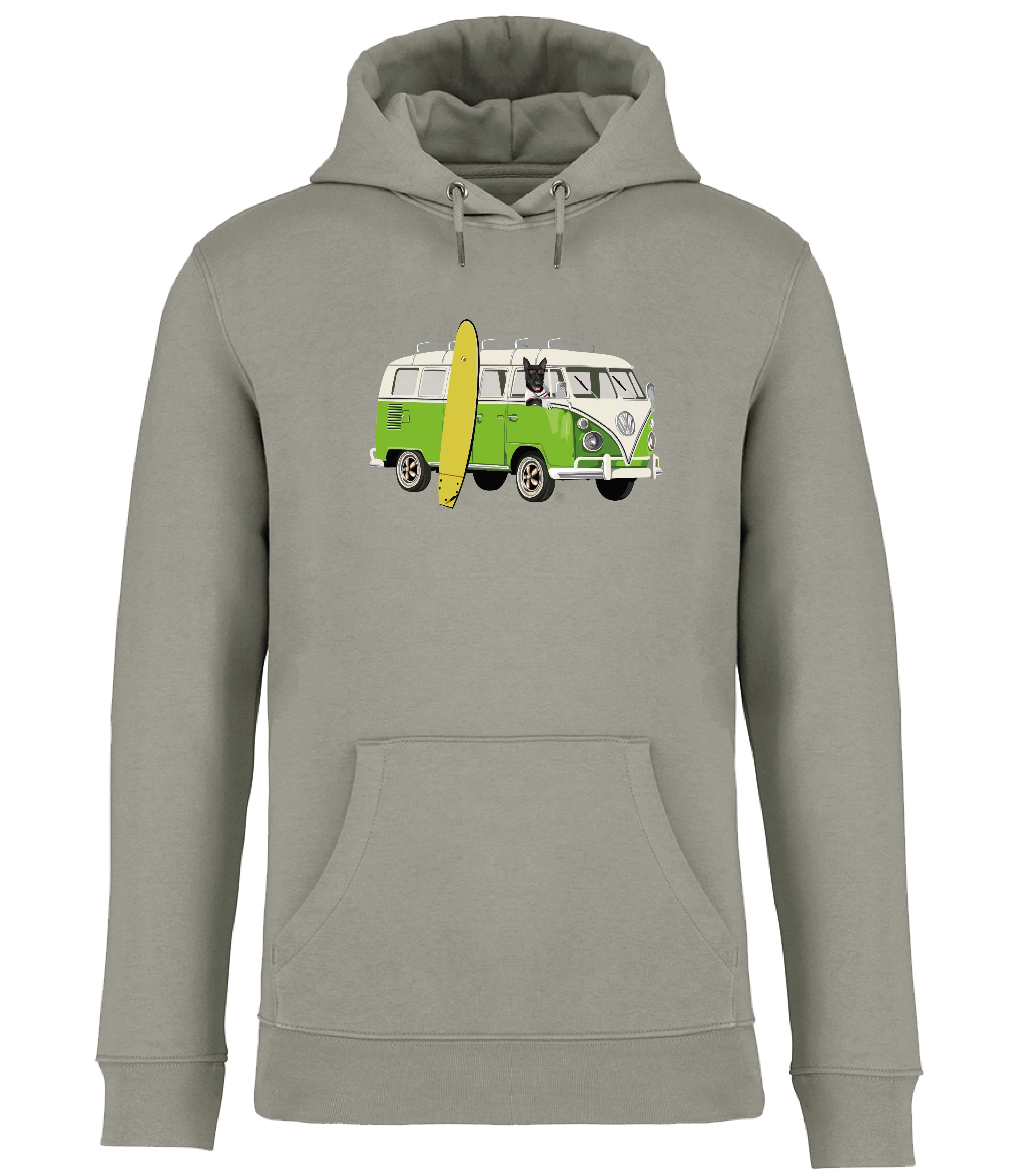 Almond Green Hoodie printed with and English Bull Terrier Dog in a camper van with a surf board