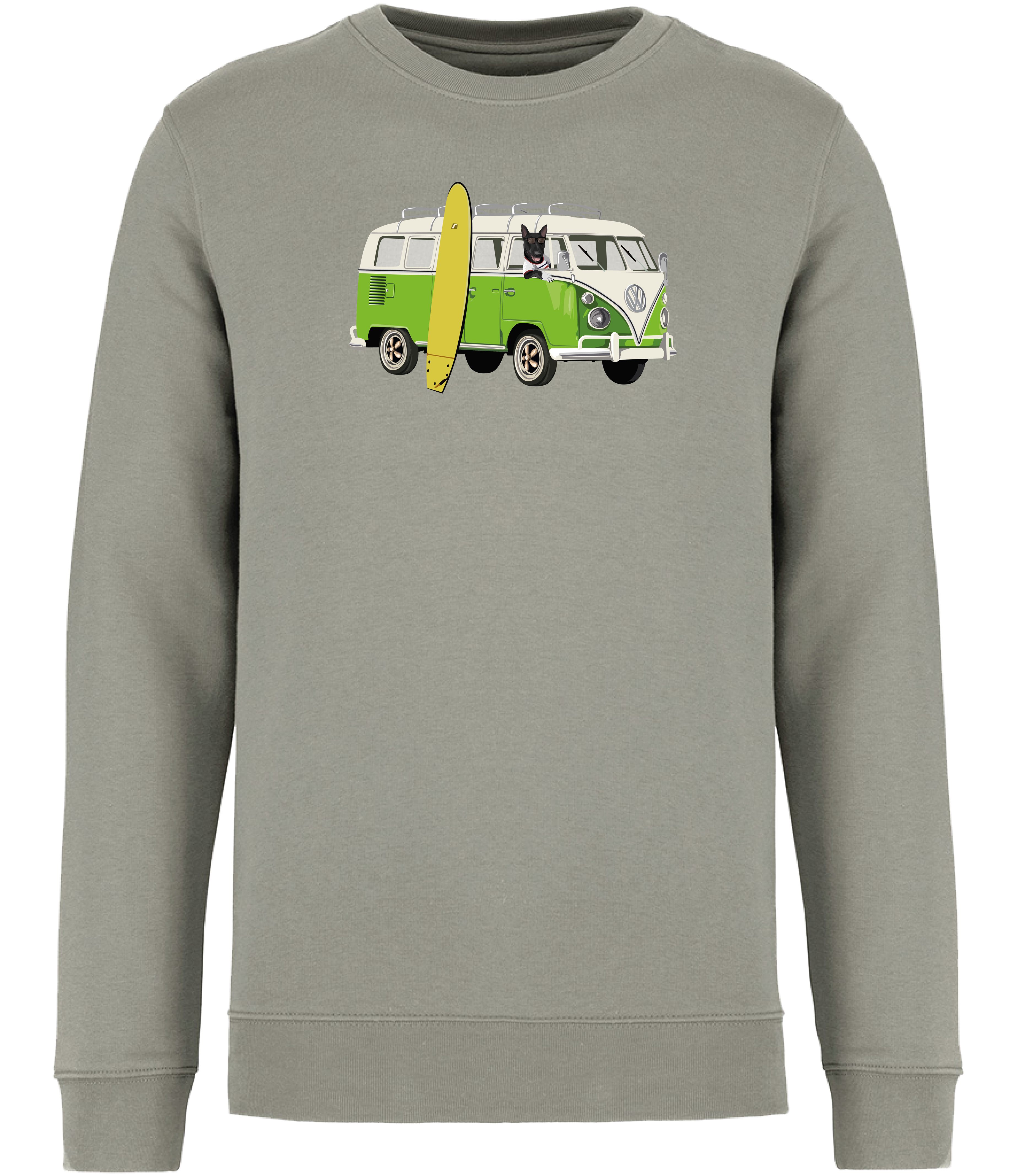 Almond Green Sweatshirt printed with and English Bull Terrier Dog in a camper van with a surf board