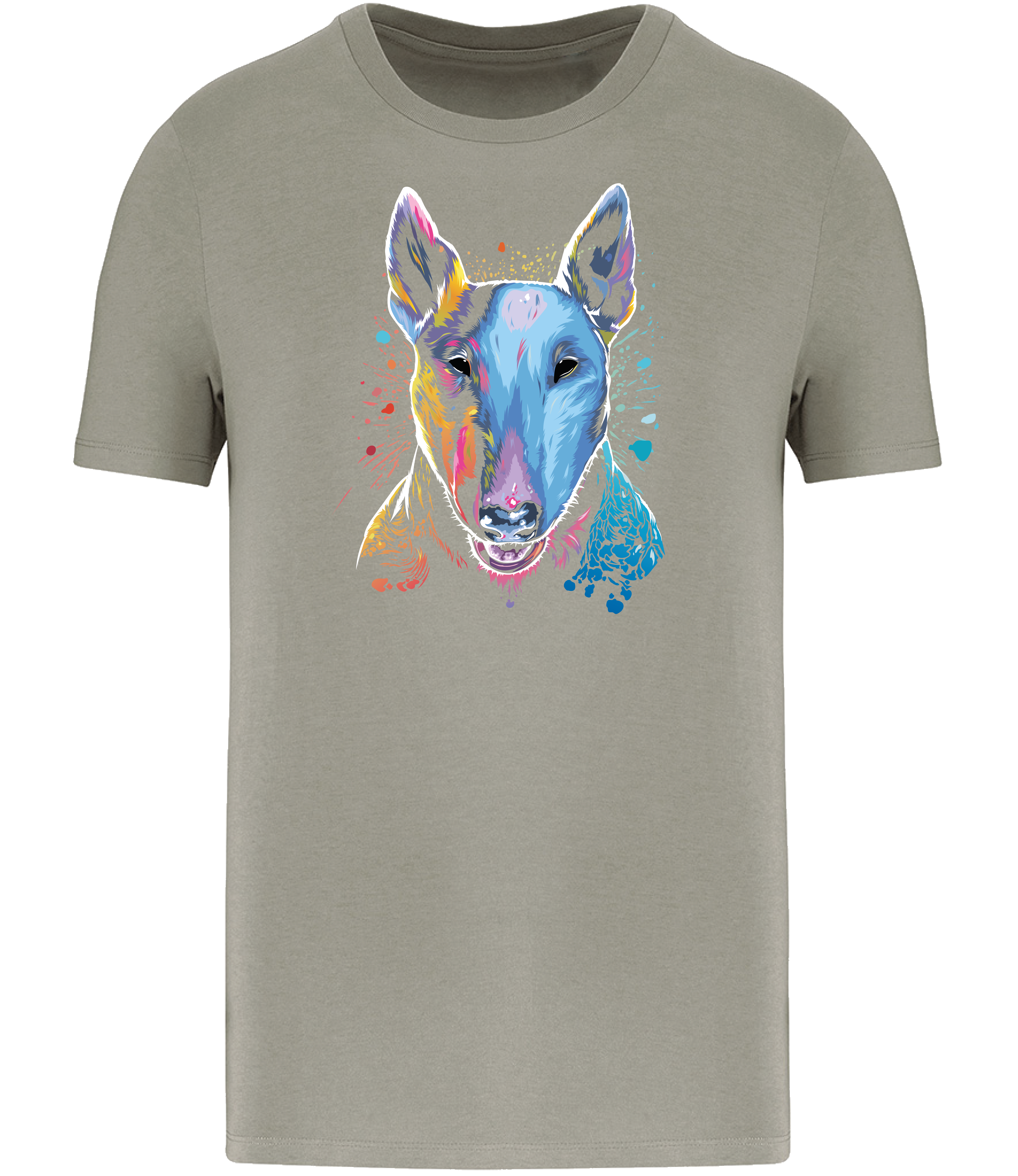 Almond Green T-shirt printed with an English Bull Terrier Dog face in bright colours and paint splashes 