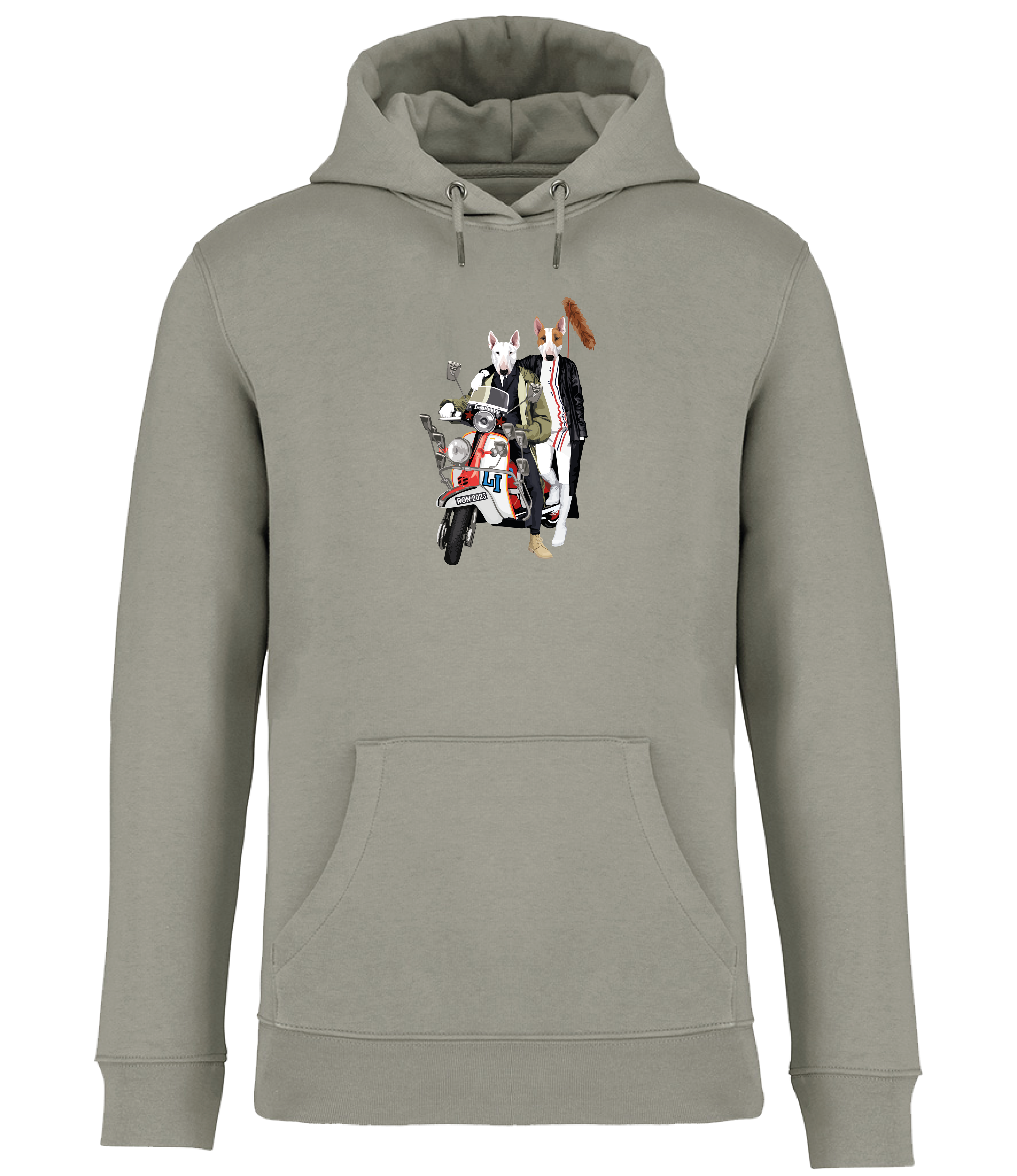 Almond Green Hoodie printed with 2 English bull terrier dogs wearing trendy clothes riding a red and white scooter with fox tail on the back