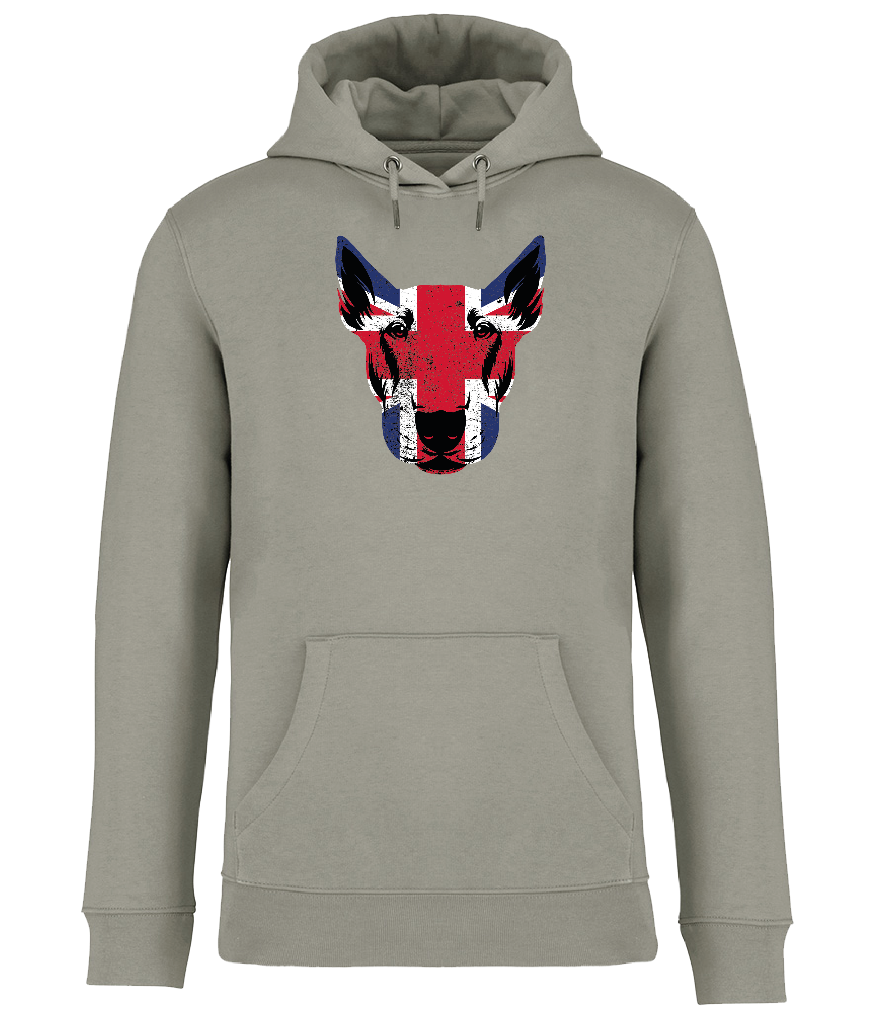 Ronnies Casuals Almond Green Hoodie printed with an English Bull Terrier Face covered in Union Jack Colours