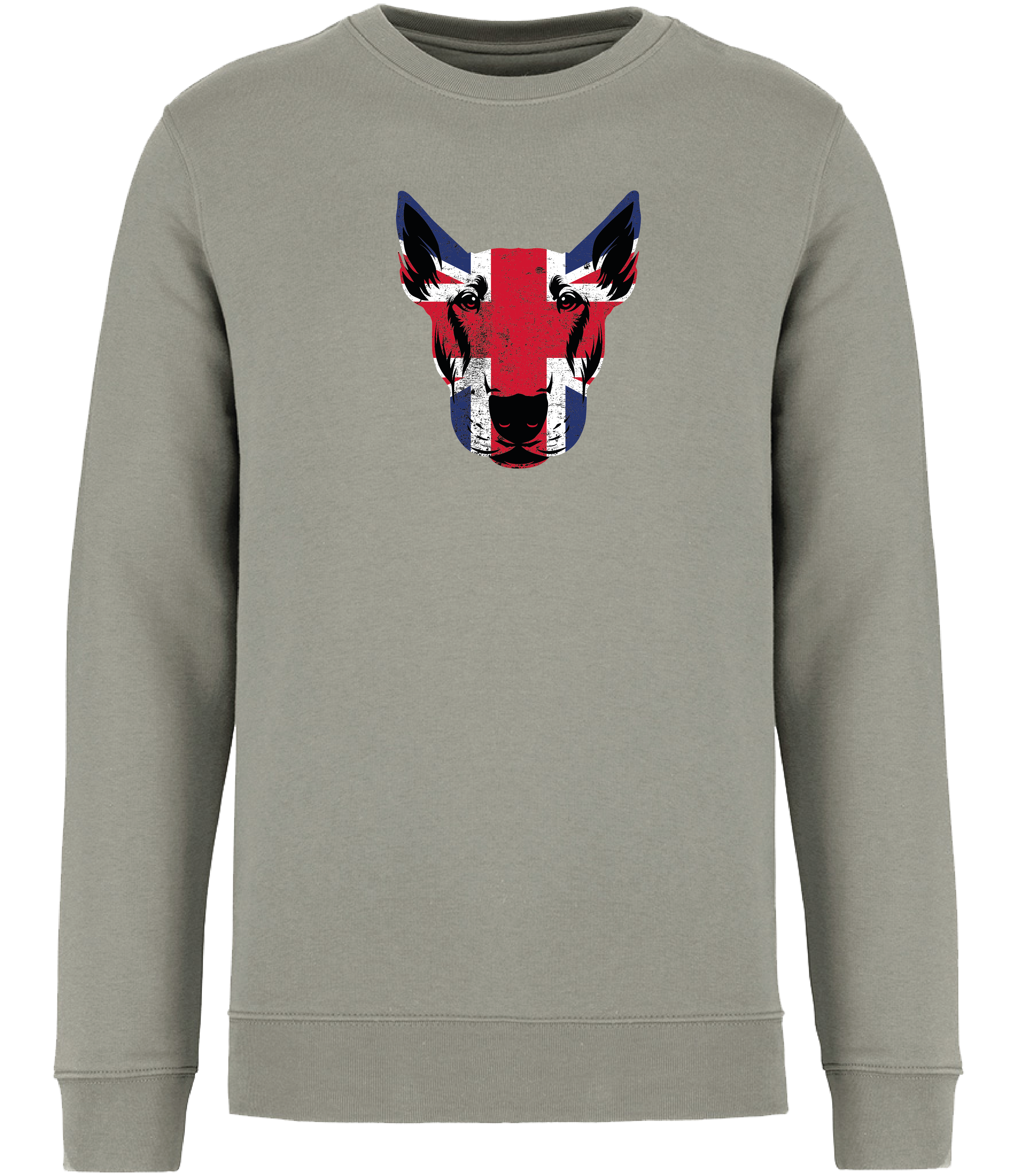Ronnies Casuals Almond Green Sweatshirt printed with and English Bull Terrier Face covered in Union Jack Colours