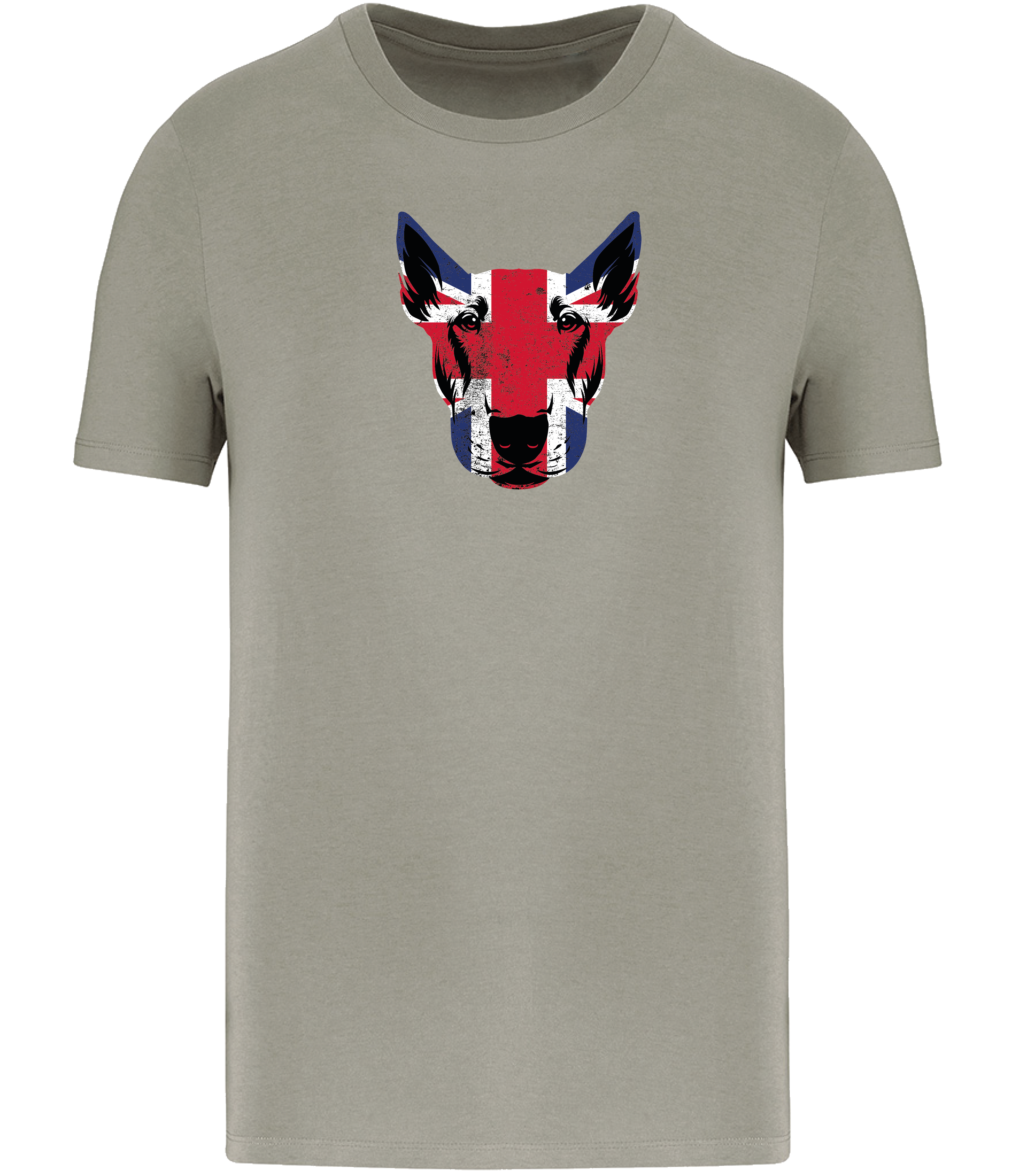 Almond Green T-shirt printed with and English Bull Terrier Face covered in Union Jack Colours
