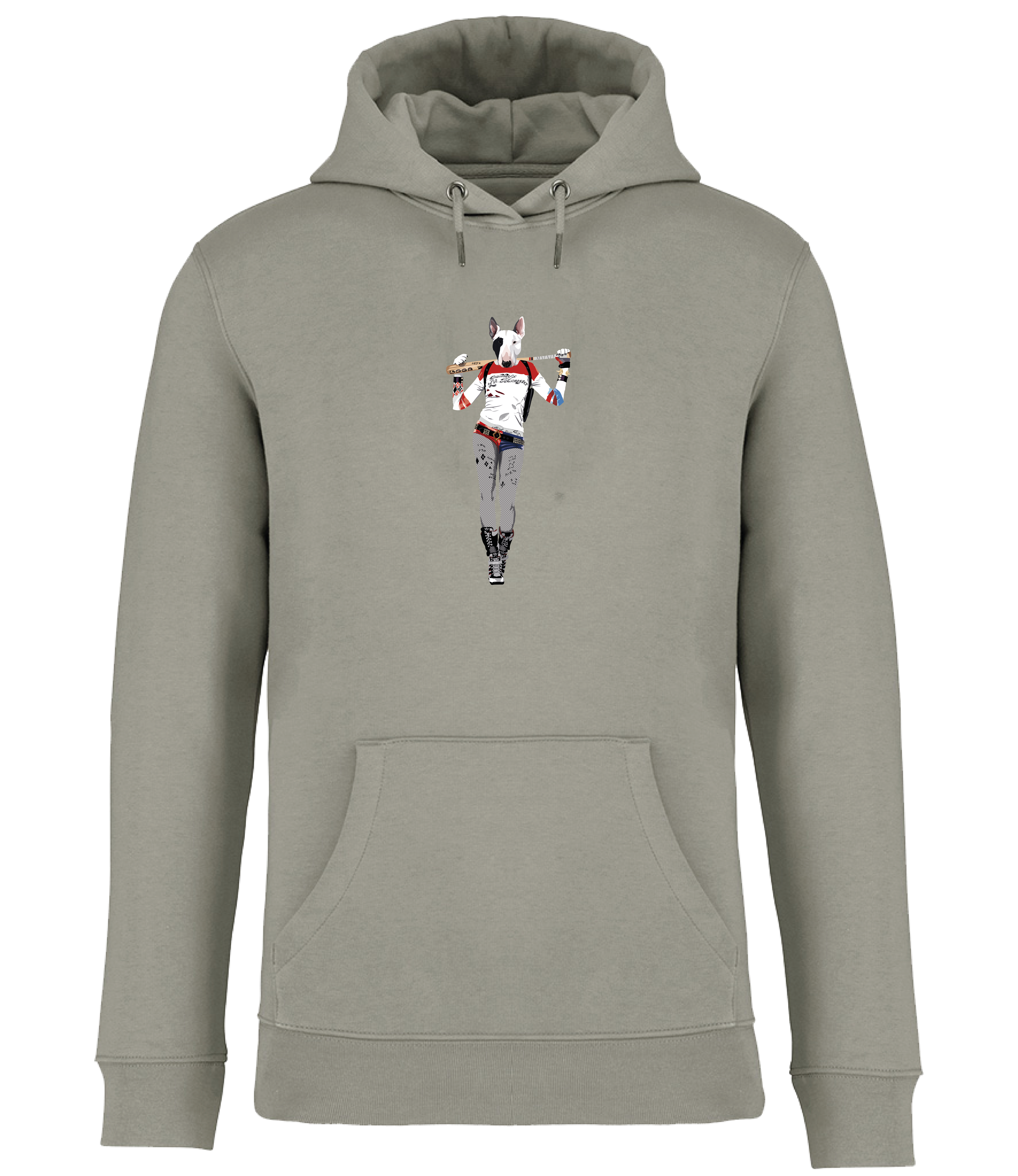 Almond Green Hoodie printed with and English Bull Terrier Dog dressed as the Harley Quinn character
