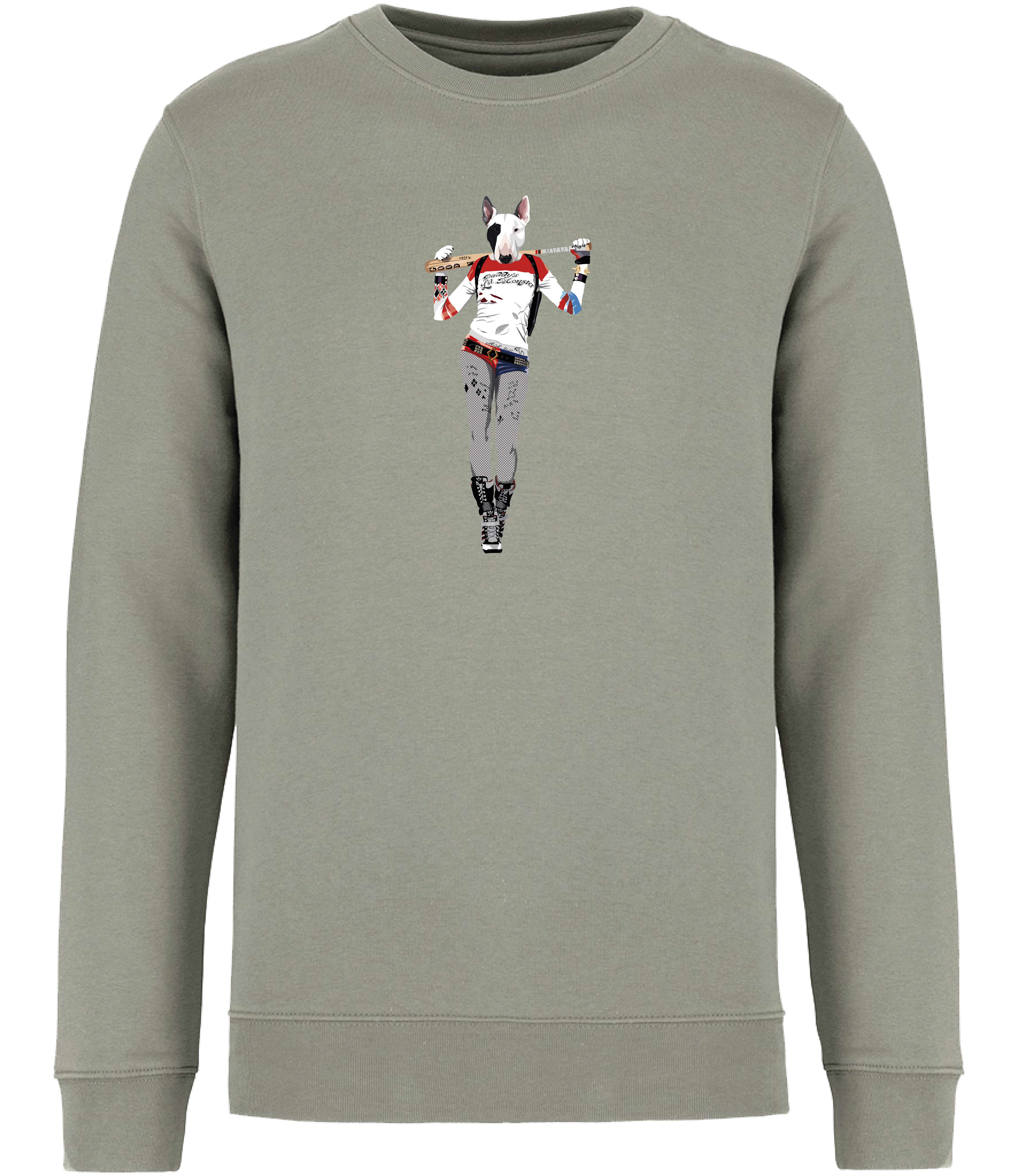 Almond Green Sweatshirt printed with and English Bull Terrier Dog dressed as the Harley Quinn character