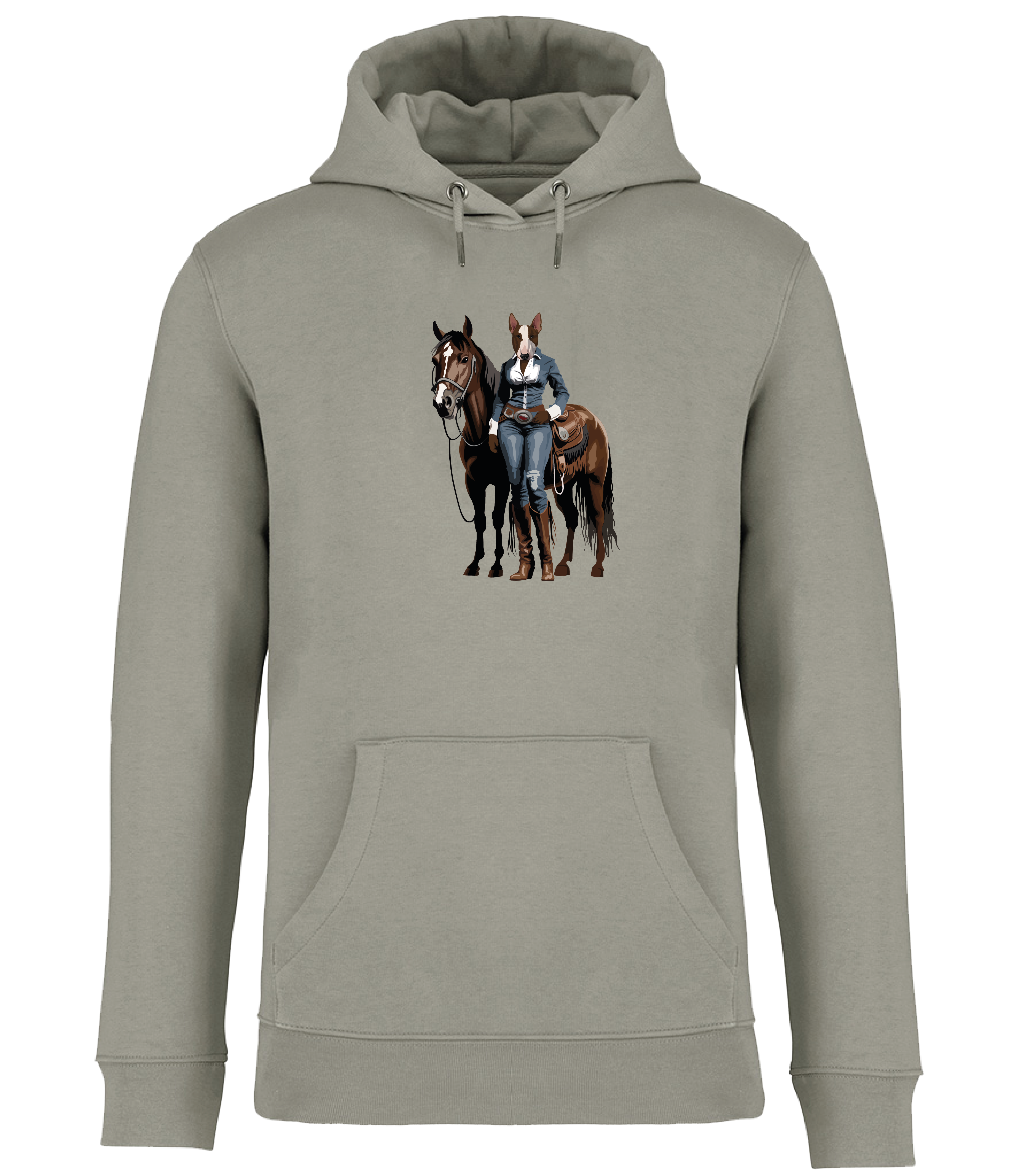 Almond Green Hoodie printed with and English Bull Terrier Dog dressed in denim western clothing with a horse in western style