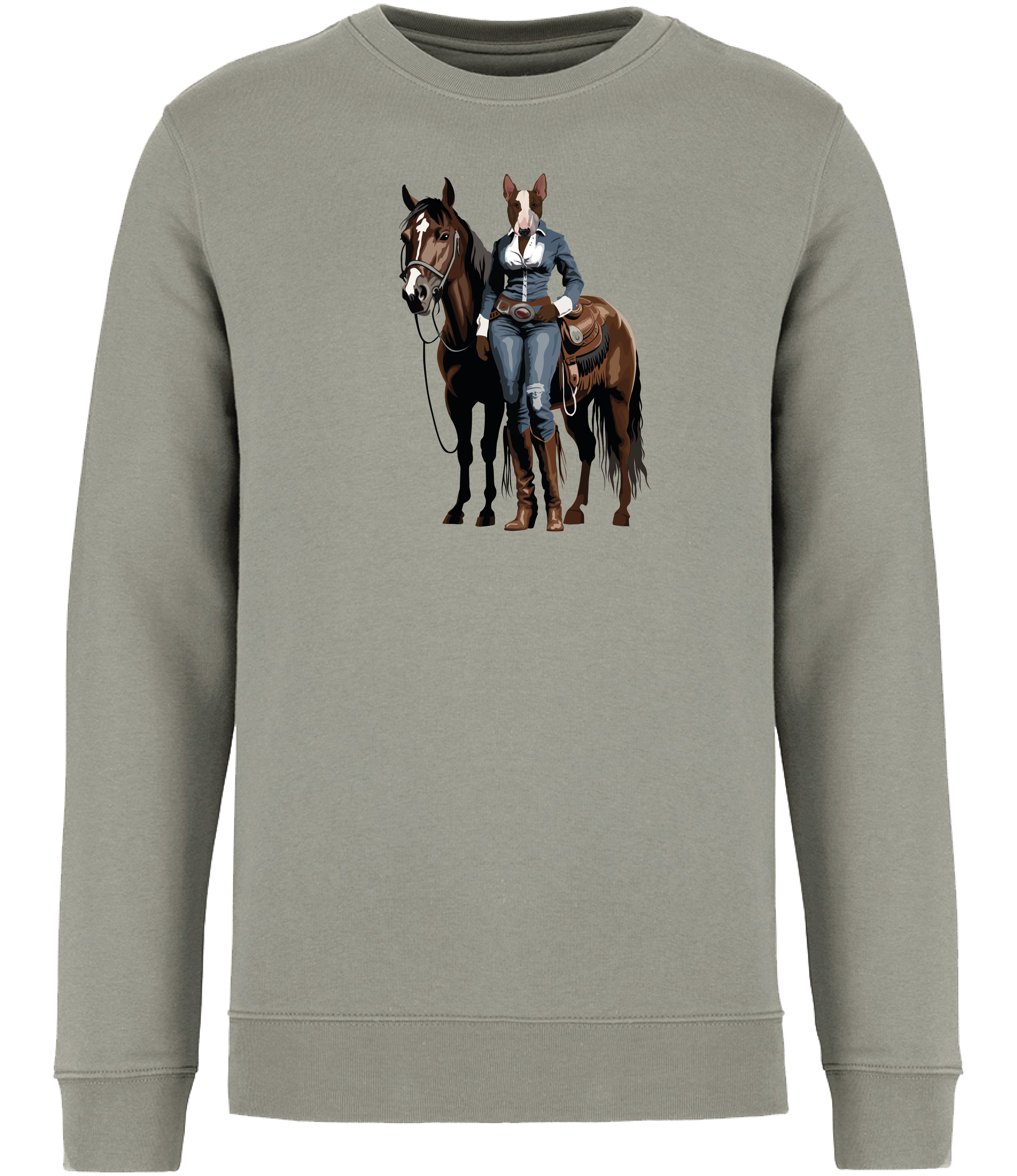 Almond Green Sweatshirt printed with and English Bull Terrier Dog dressed in denim western clothing with a horse in western style