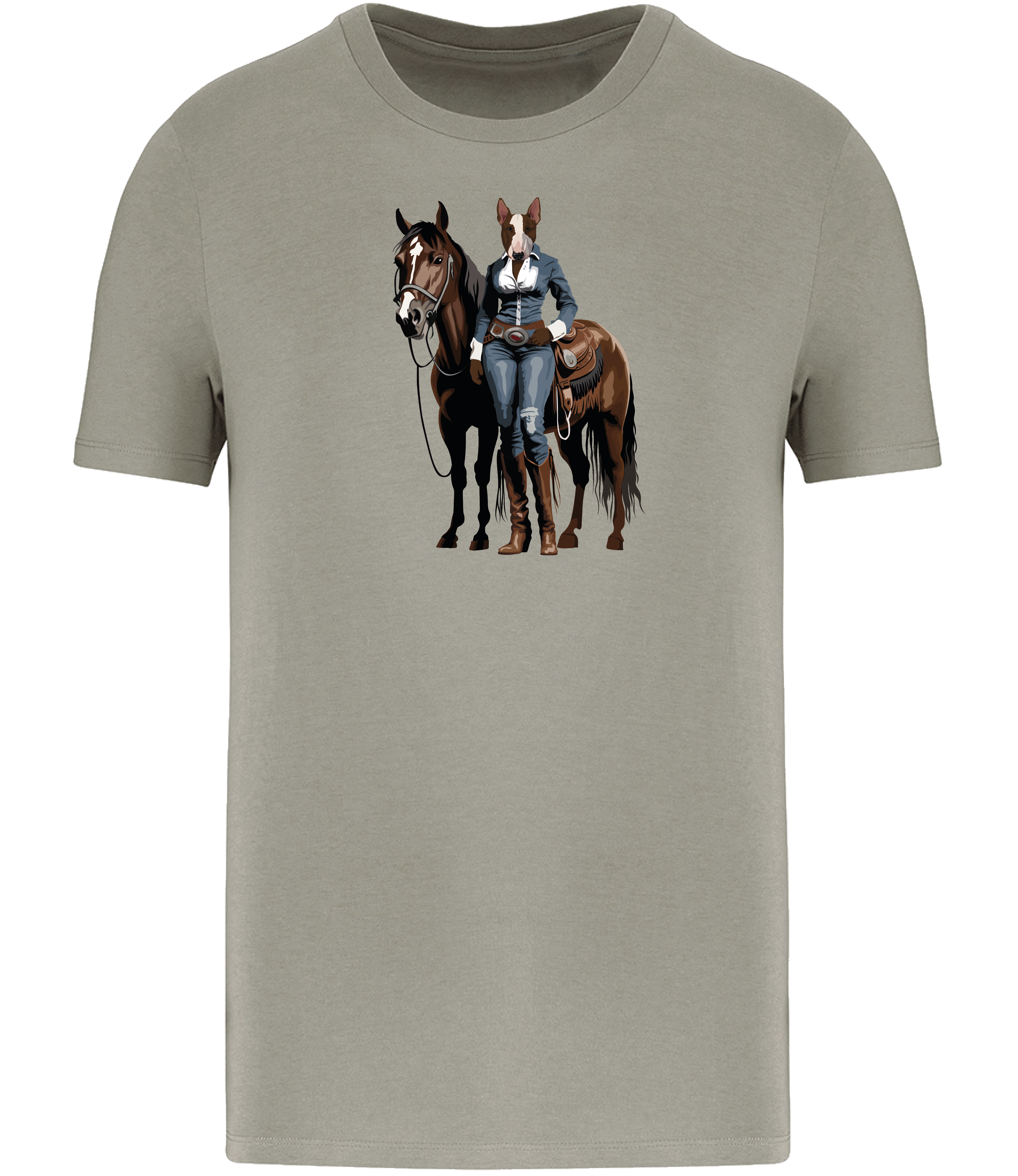 Almond Green T-shirt printed with and English Bull Terrier Dog dressed in denim western clothing with a horse in western style