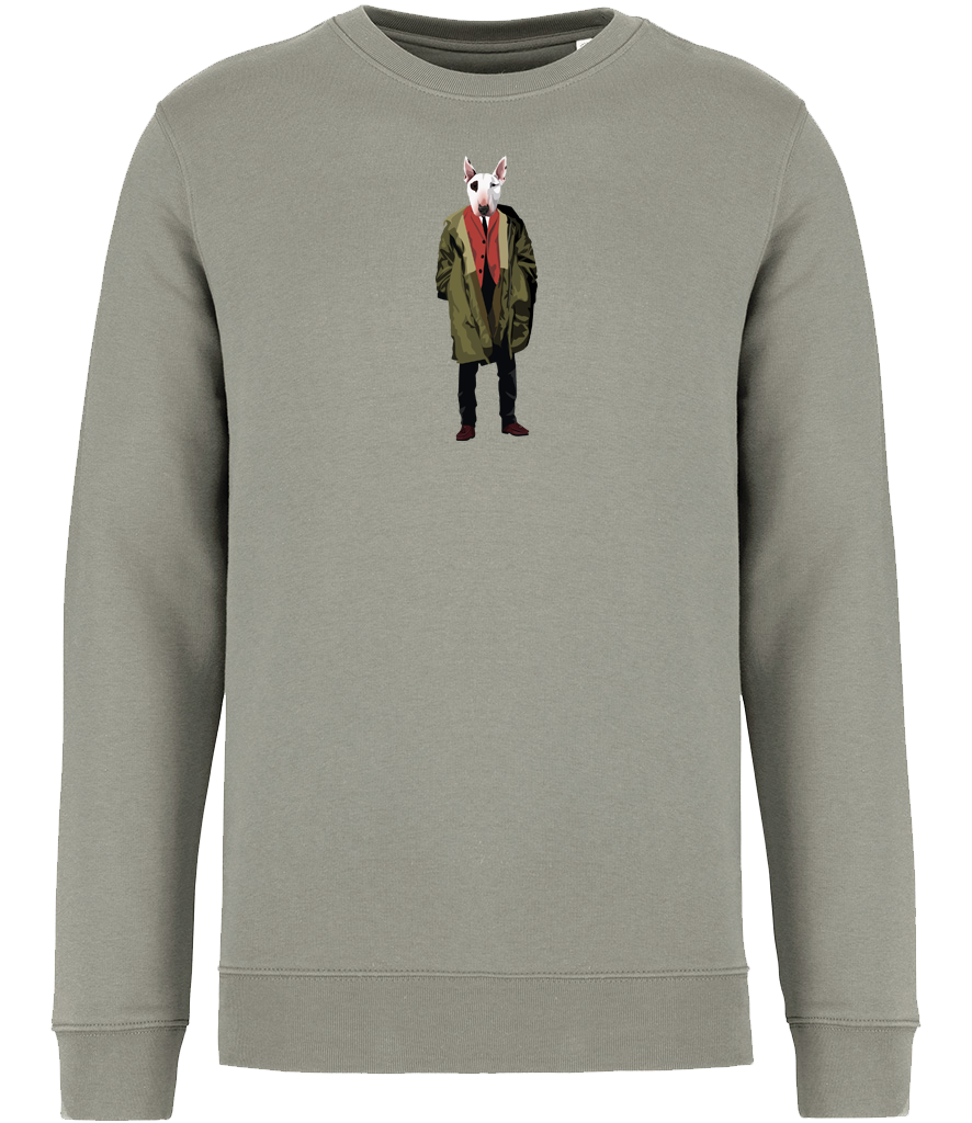 Almond Green Sweatshirt printed with English Bull Terrier Dog wearing a green Parka Jacket and red waistcoat