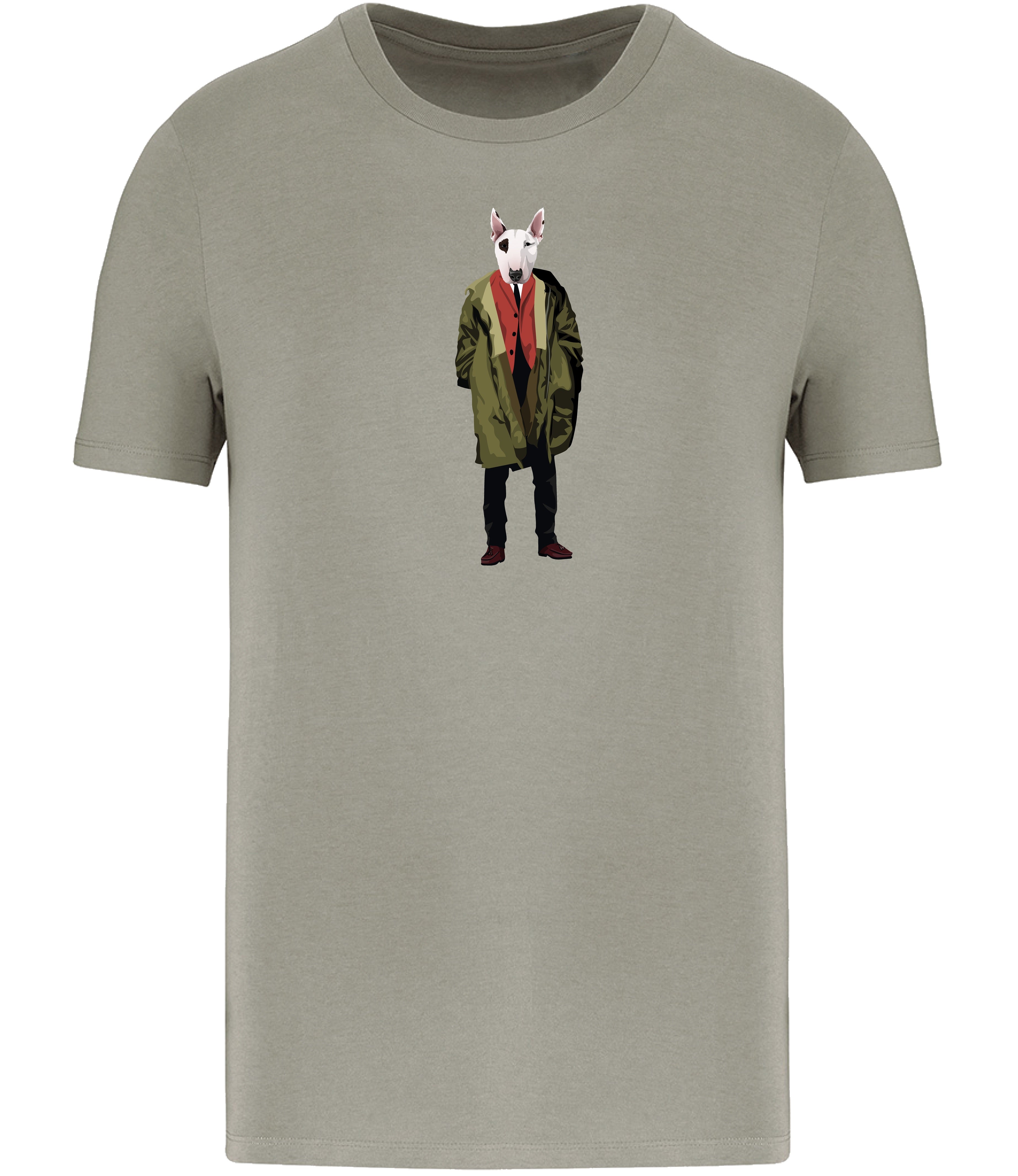 Almond Green T-Shirt printed with English Bull Terrier Dog wearing a green Parka Jacket and red waistcoat