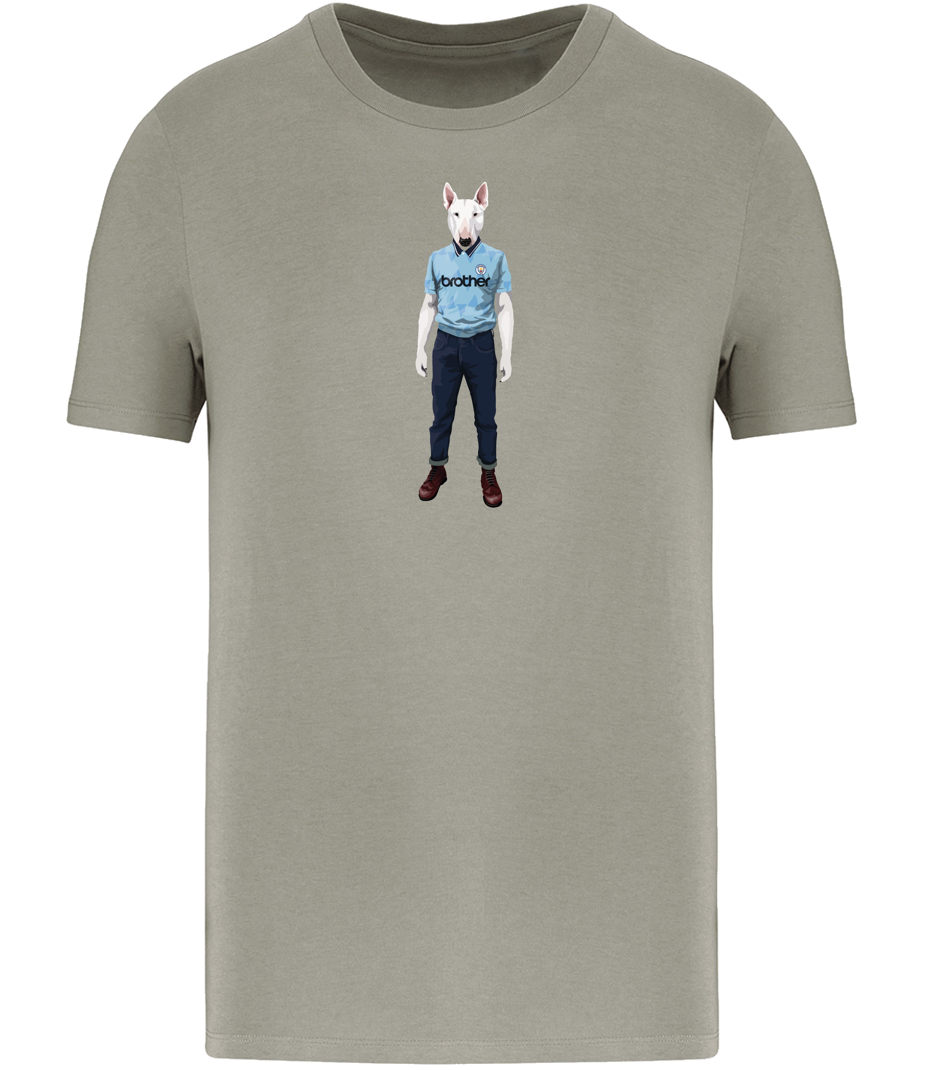 Almond Green T-shirt printed with an English Bull Terrier Dog wearing a Manchester City Football Shirt and Jeans
