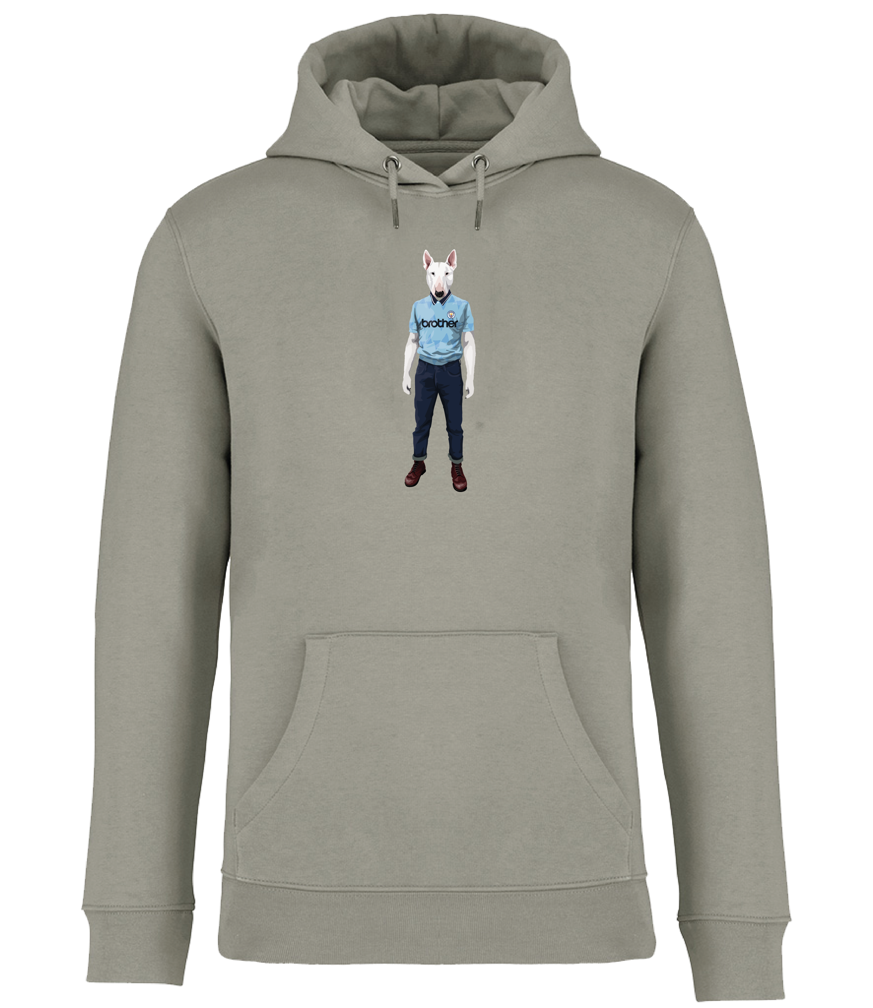 Almon Green Hoodie printed with an English Bull Terrier Dog wearing a Manchester City Football Shirt and Jeans