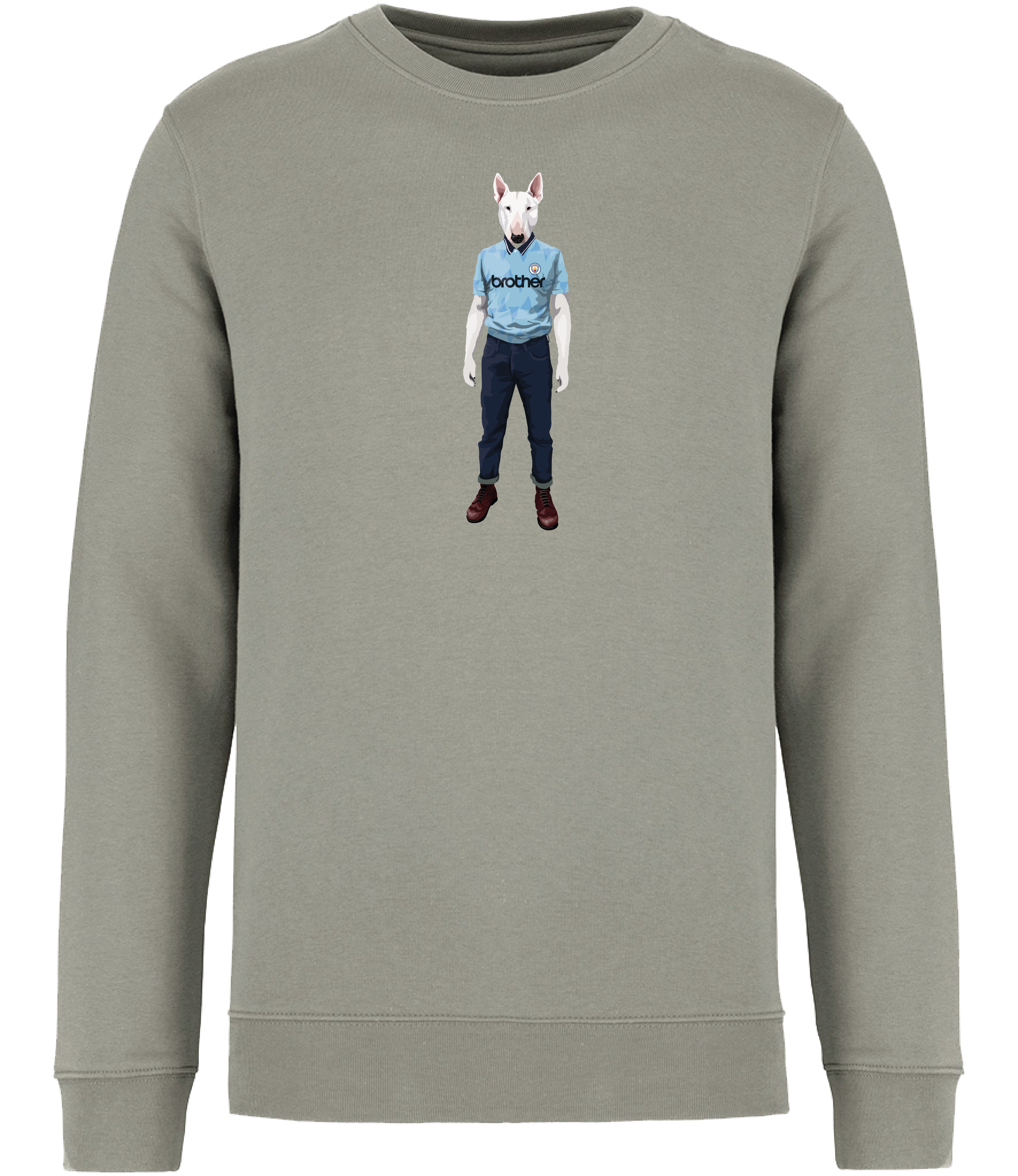 Almond Green Sweatshirt printed with an English Bull Terrier Dog wearing a Manchester City Football Shirt and Jeans