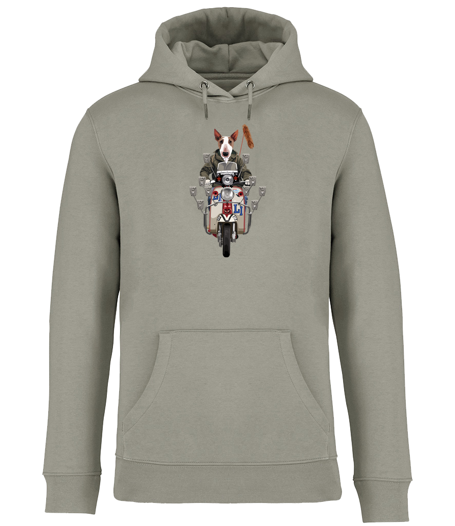 Ronnies Casuals Green Hoodie printed with English Bull Terrier Dog riding a Mod Scooter with lots of mirrors and a fox tail. Available in S, M, L, XL, 2XL, 3XL.