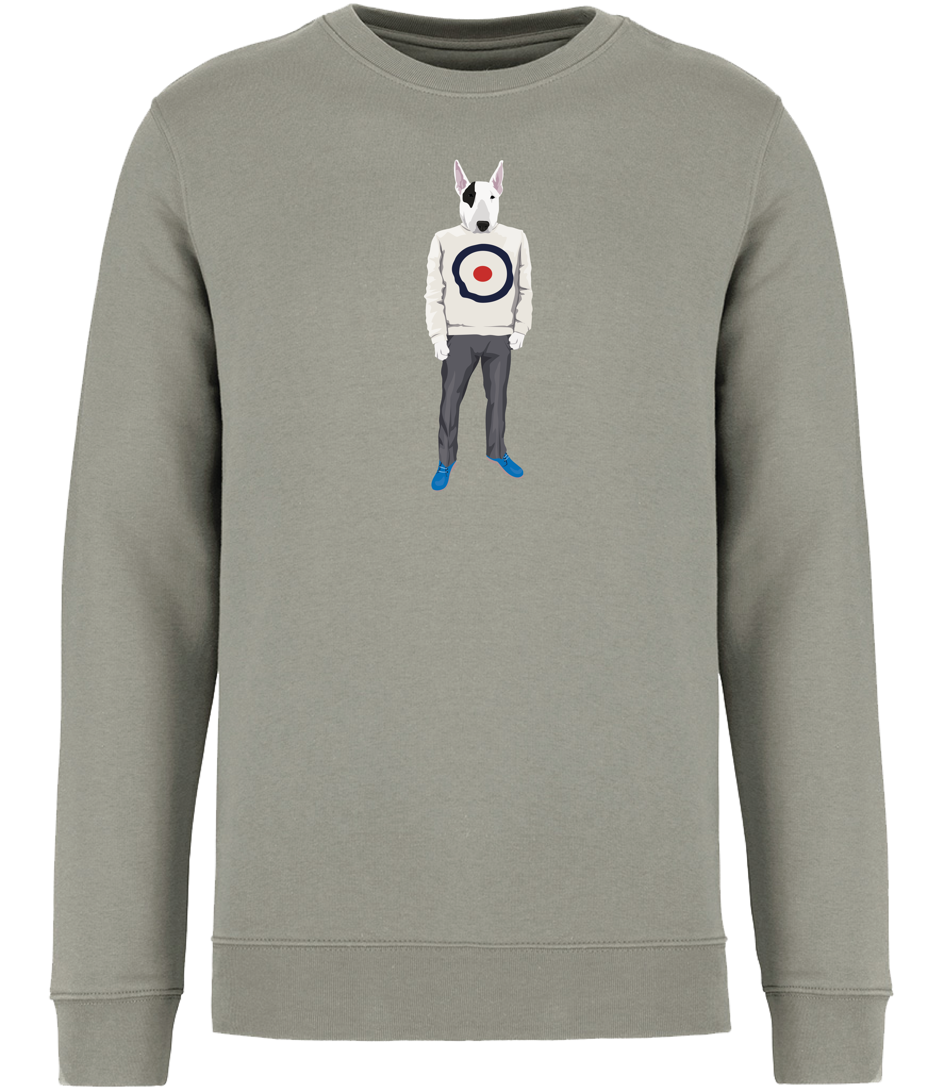 Almond Green Sweatshirt Printed with an English Bull Terrier Dog wearing a jumper with a target on it, grey trousers and blue shoes