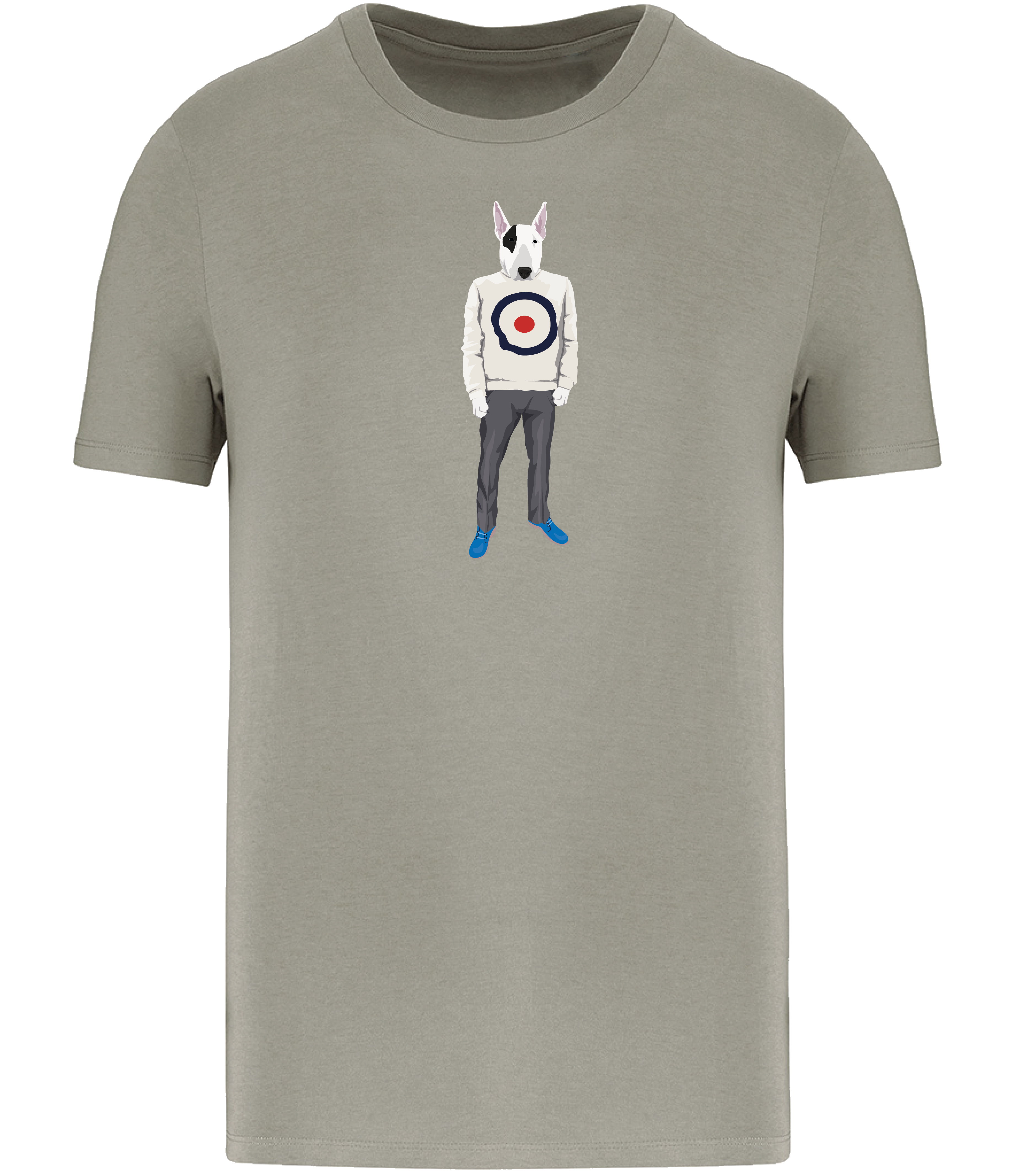Almond Green T-shirt Printed with an English Bull Terrier Dog wearing a jumper with a target on it, grey trousers and blue shoes