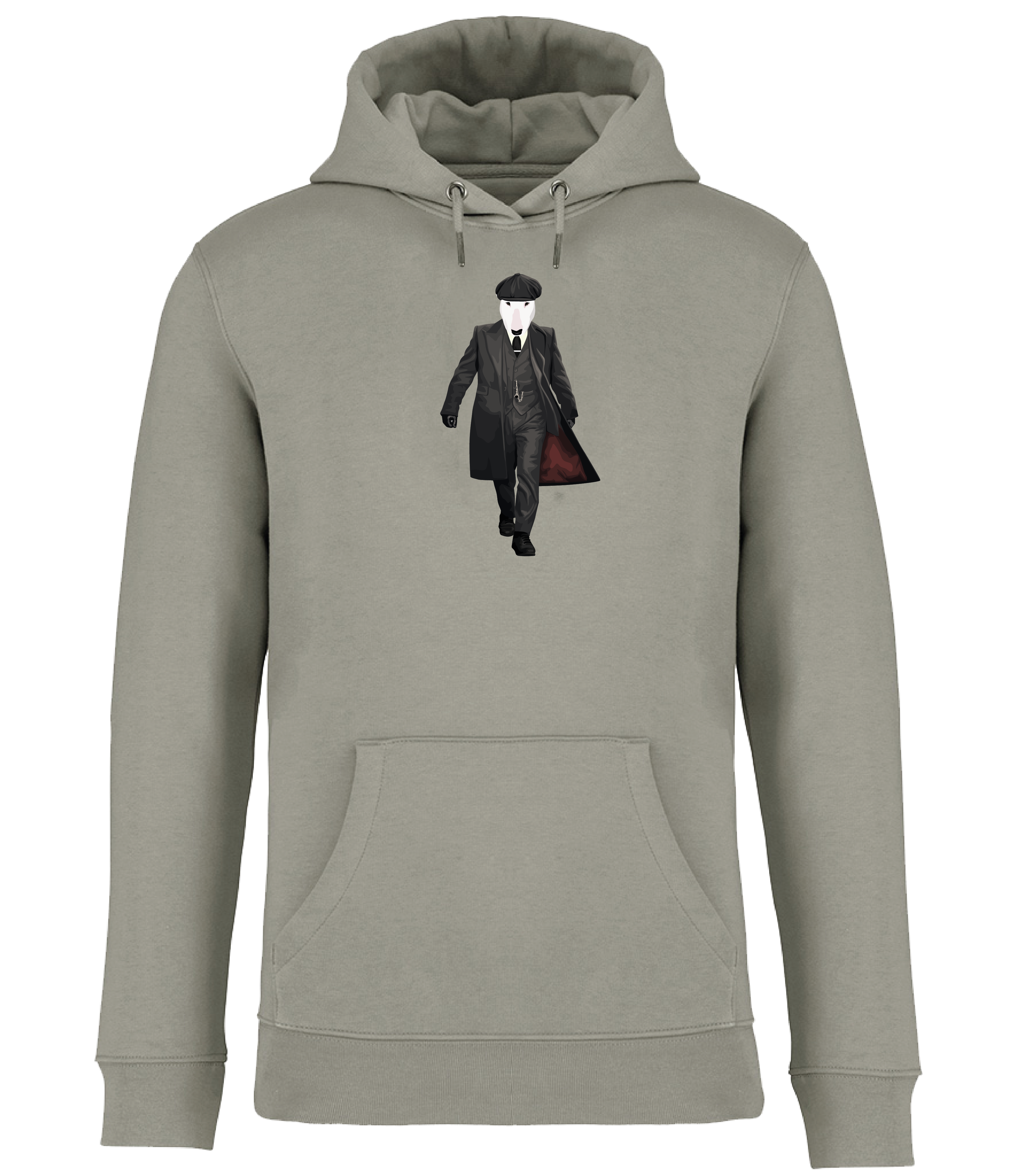 Almond Green Hoodie printed with an English Bull Terrier Dog dressed as the character Thomas Shelby from the TV series Peaky Blinders