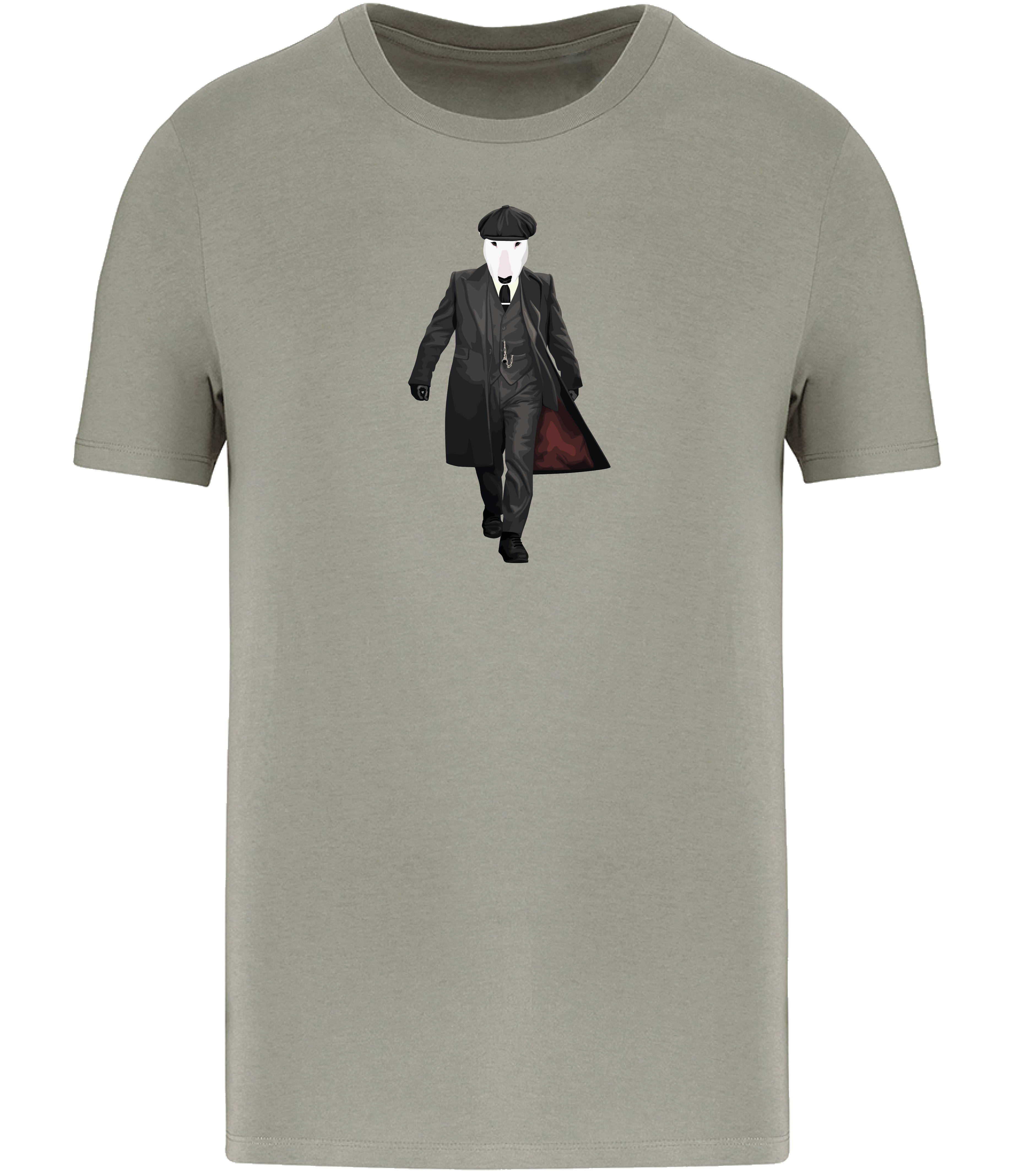 Almond Green T-shirt printed with an English Bull Terrier Dog dressed as the character Thomas Shelby from the TV series Peaky Blinders
