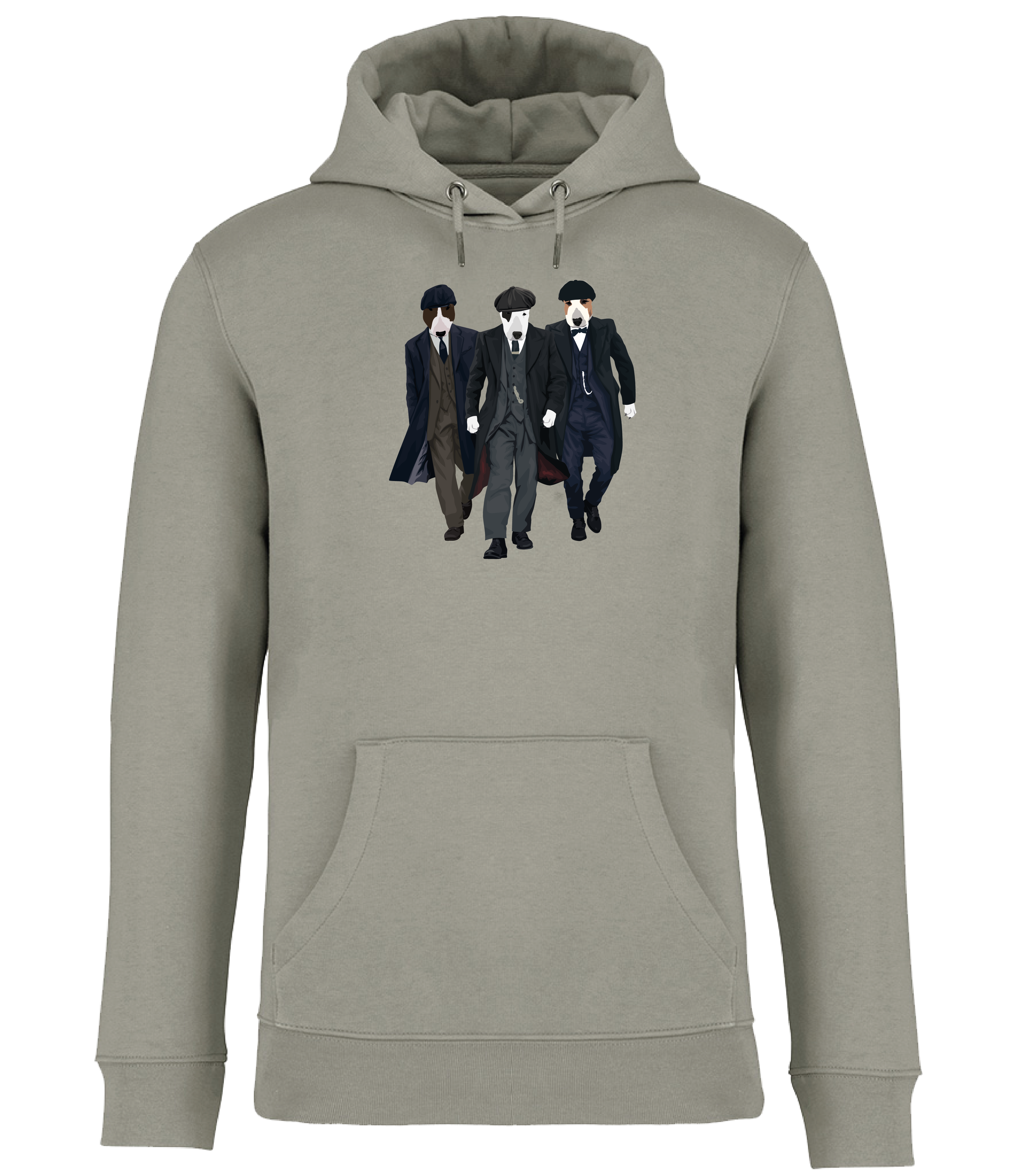 Almond Green Hoodie printed with 3 English Bull Terrier Dogs dressed as the characters from the TV series Peaky Blinders