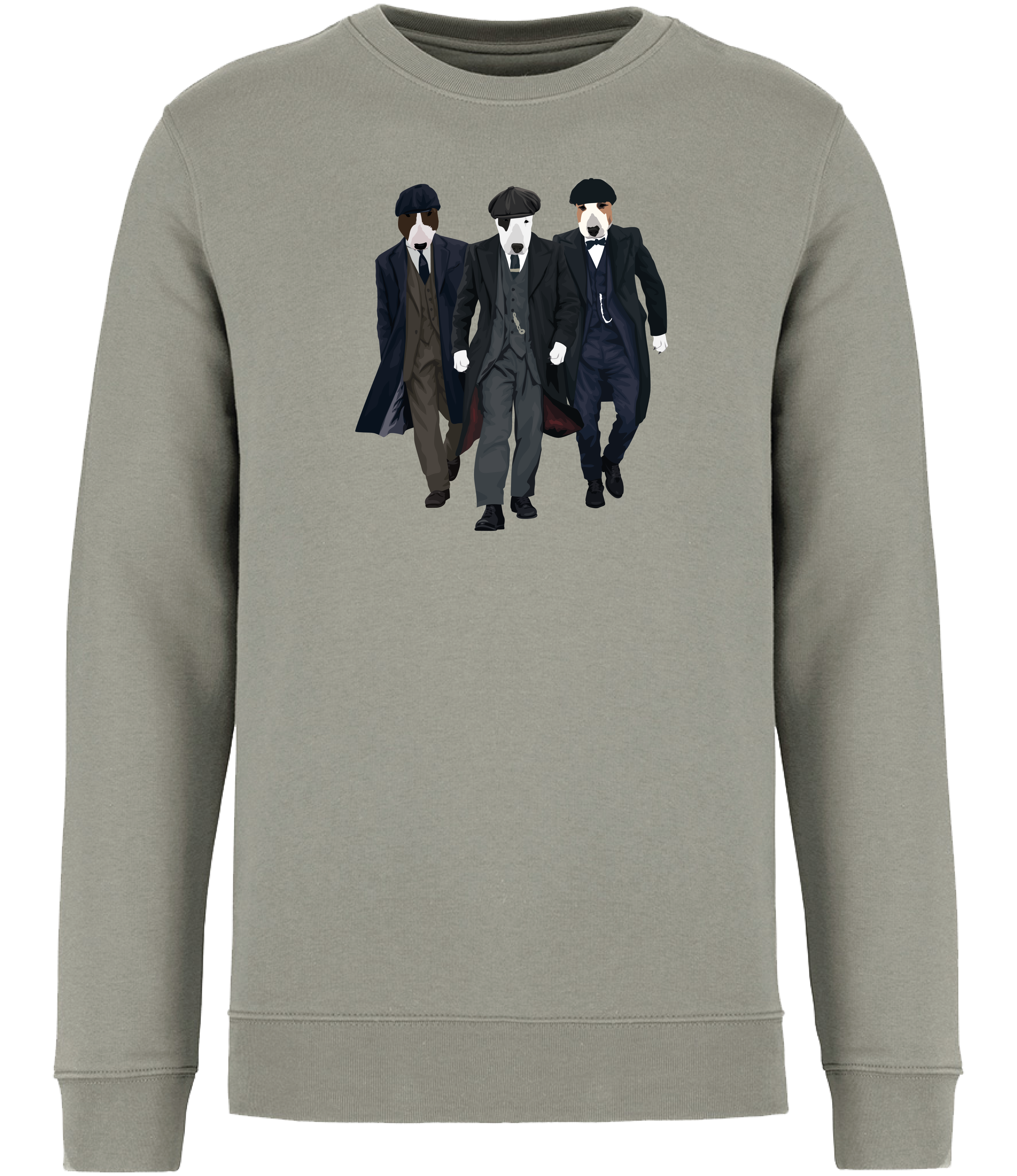 Almond Green Hoodie printed with 3 English Bull Terrier Dogs dressed as the characters from the TV series Peaky Blinders