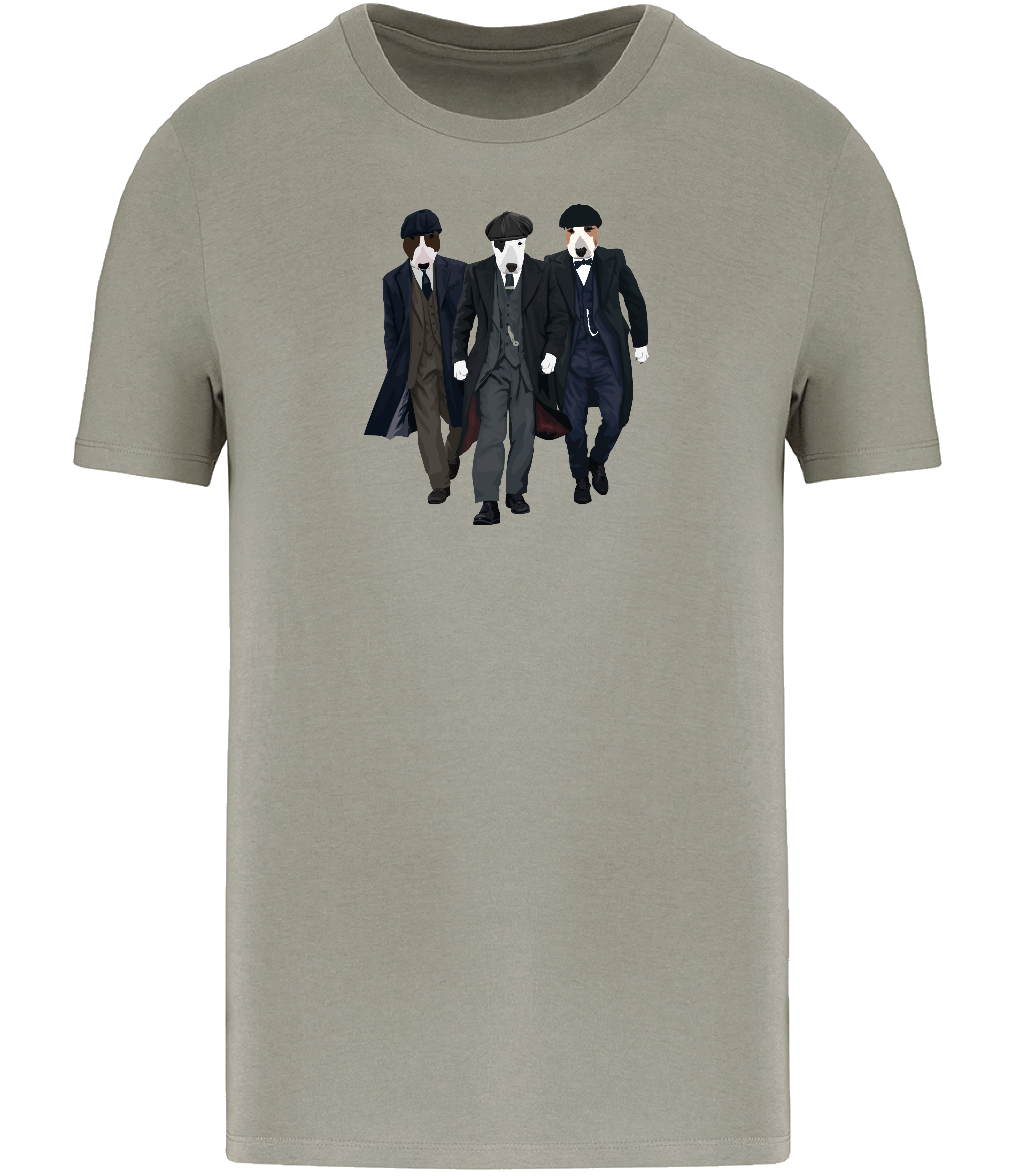 Almond Green T-shirt printed with 3 English Bull Terrier Dogs dressed as the characters from the TV series Peaky Blinders