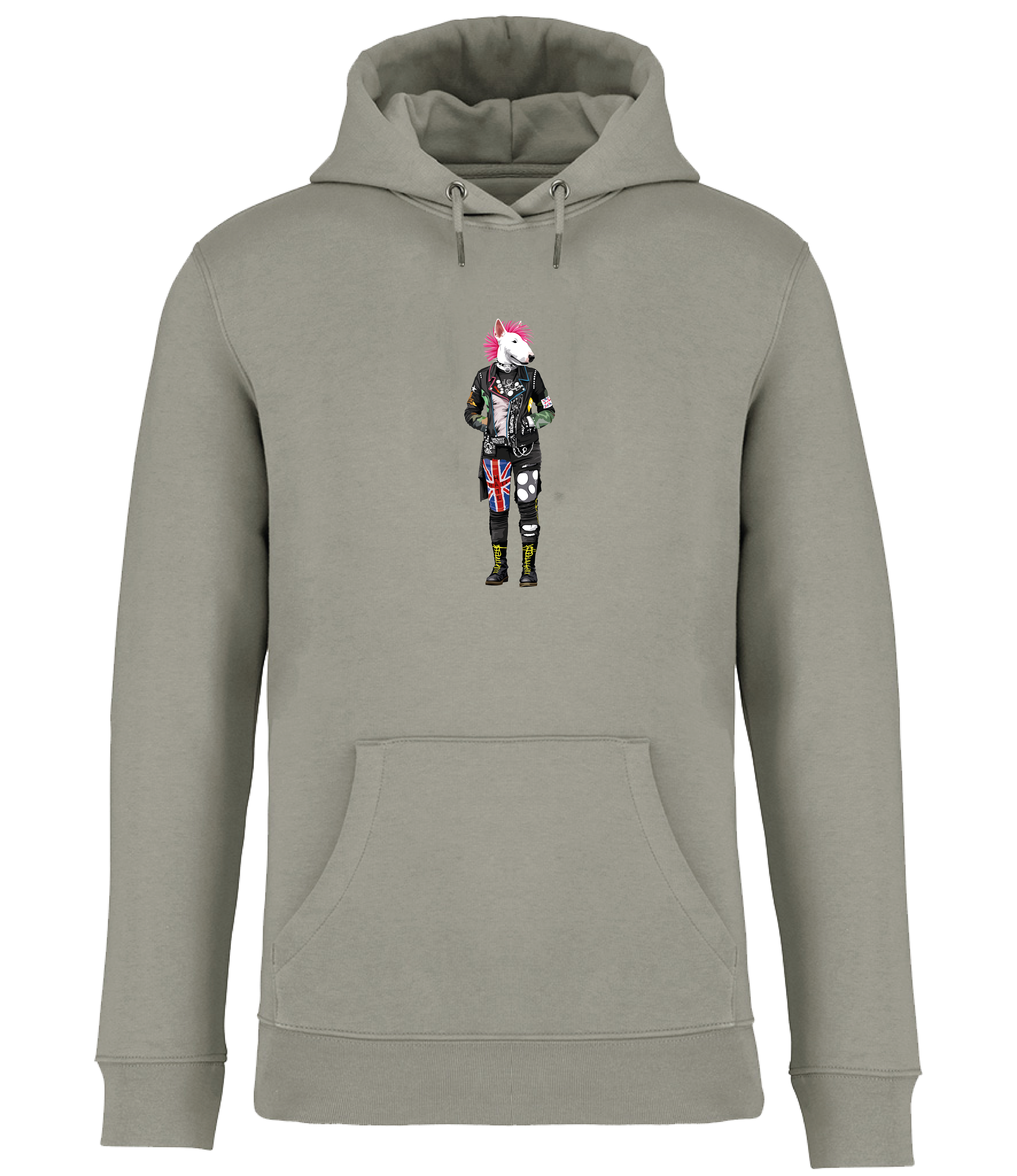Almond Green Hoodie printed with an English Bull Terrier Dog dressed in punk style clothing and a pink mohawk