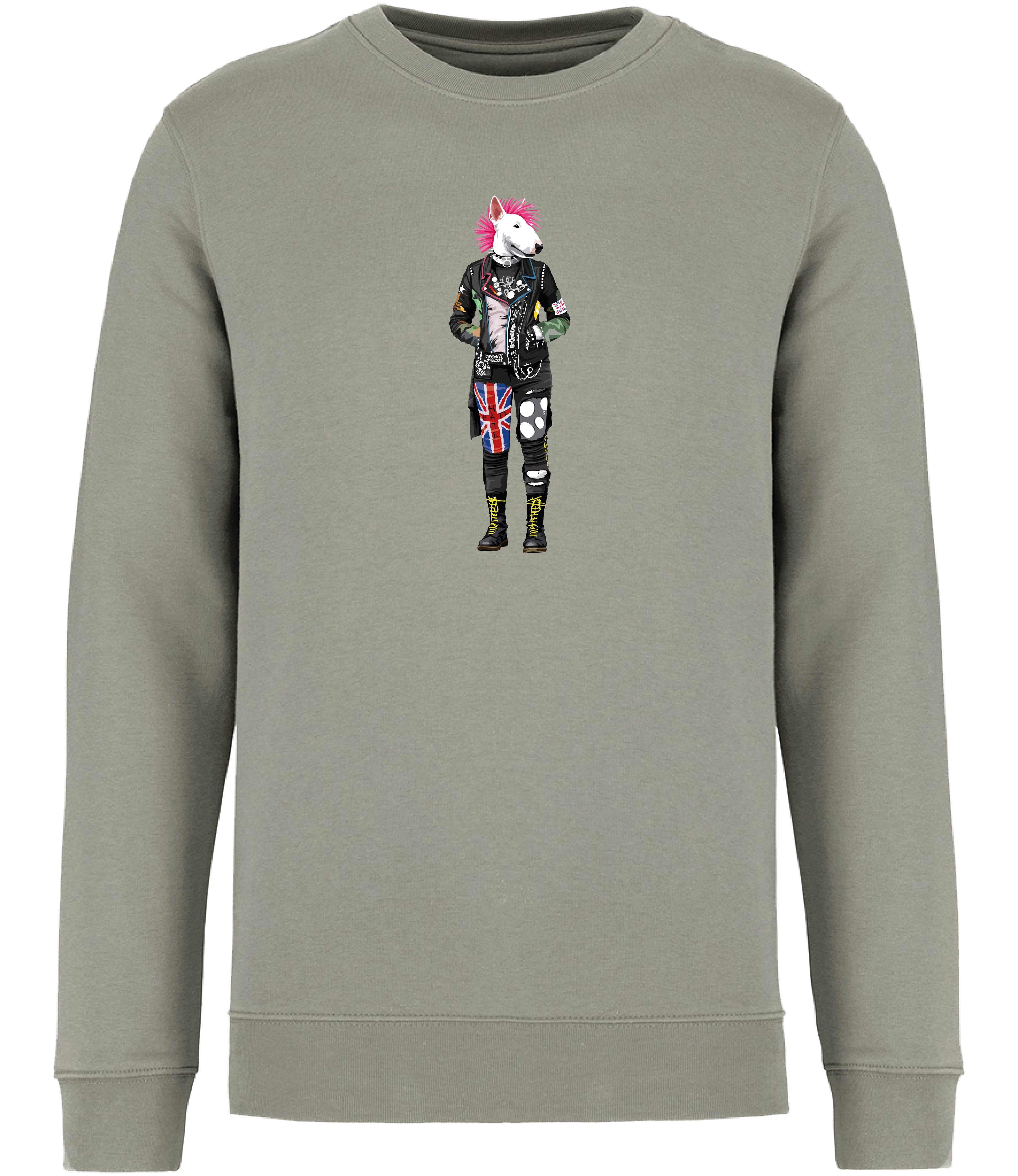 Almond Green Sweatshirt printed with an English Bull Terrier Dog dressed in punk style clothing and a pink mohawk
