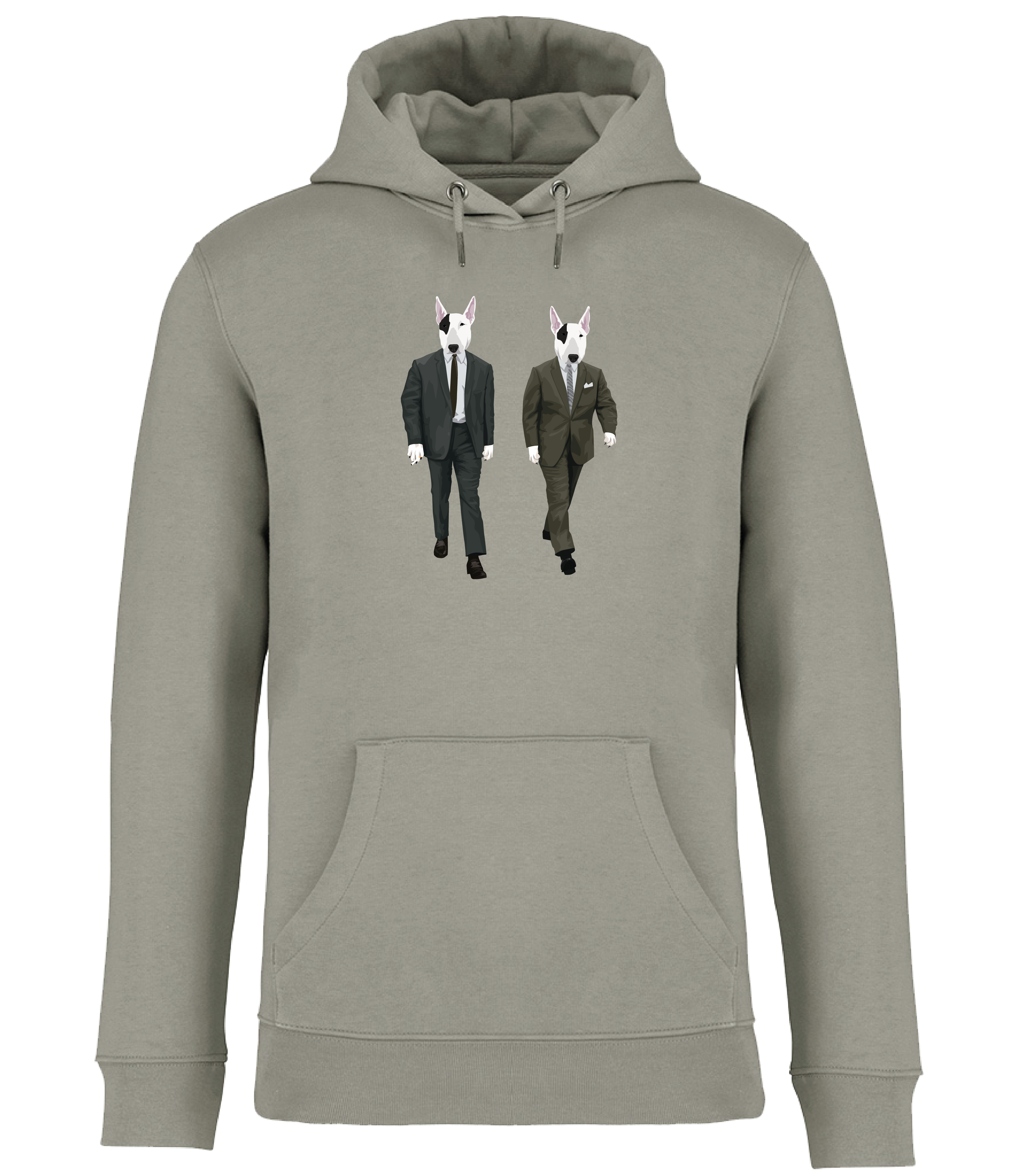 Almond Green Hoodie printed with 2 identical looking English Bull Terrier Dogs wearing suits and ties