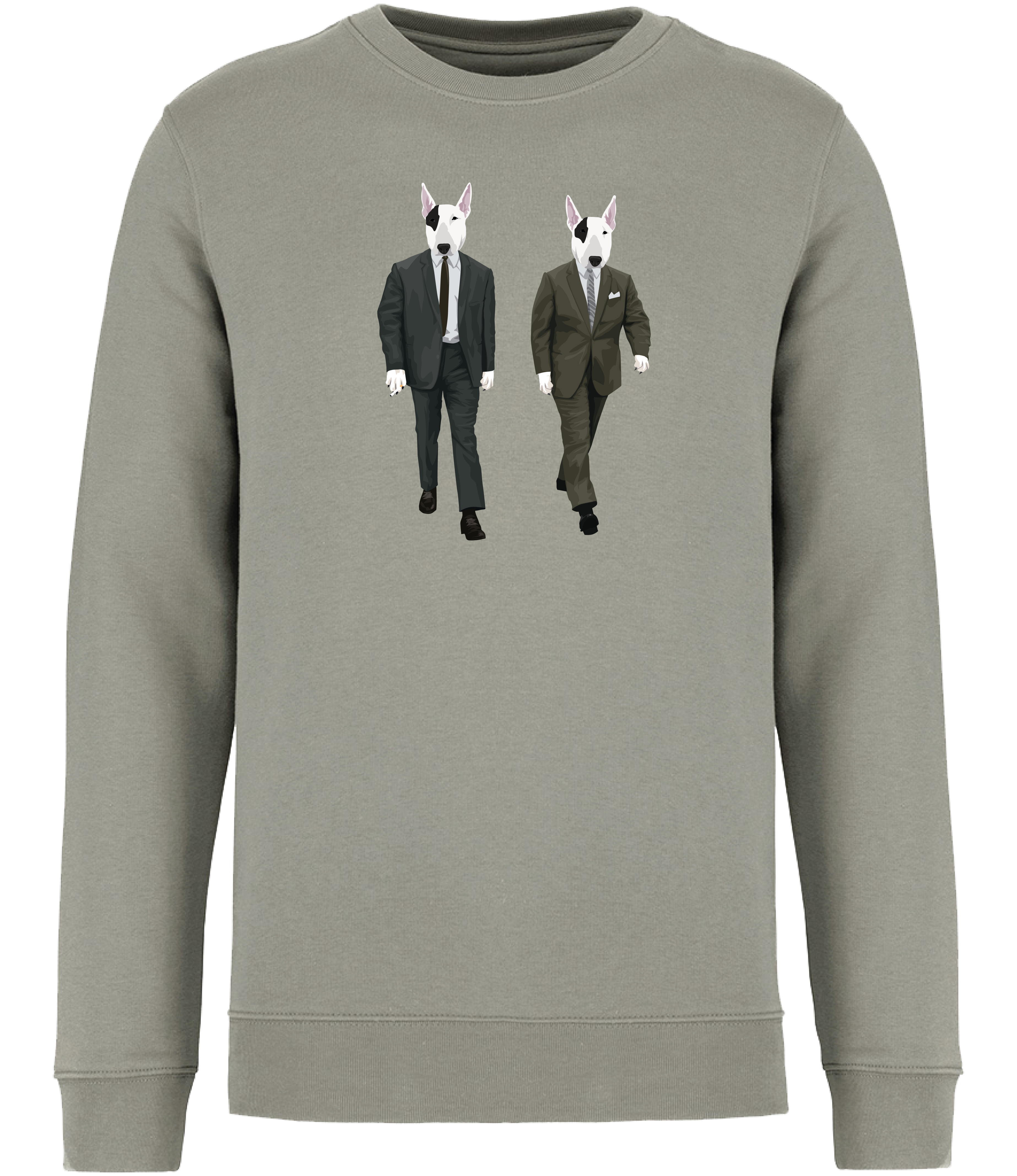 Almond Green Sweatshirt printed with 2 identical looking English Bull Terrier Dogs wearing suits and ties